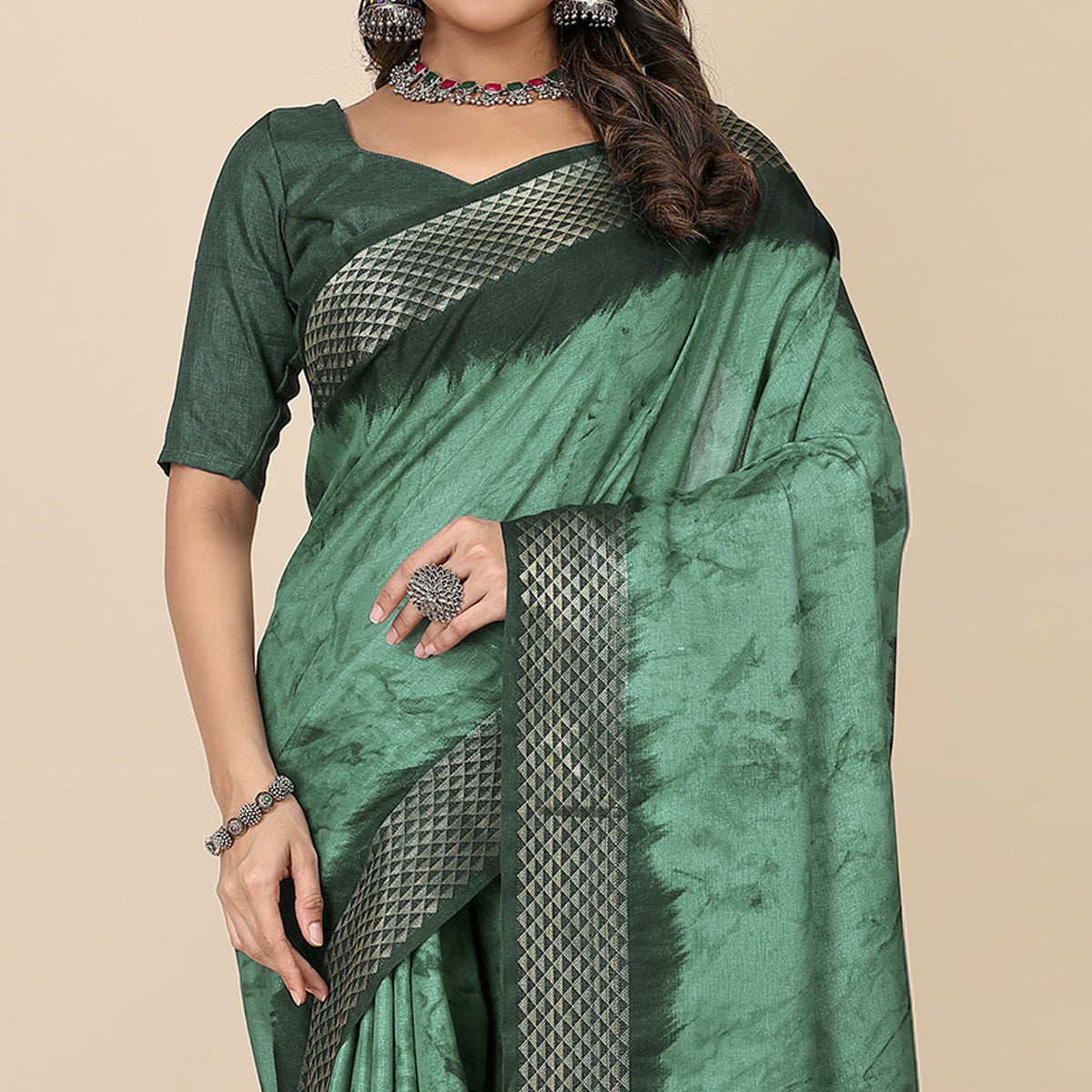 Turquoise Printed Cotton Silk Saree With Zari Border