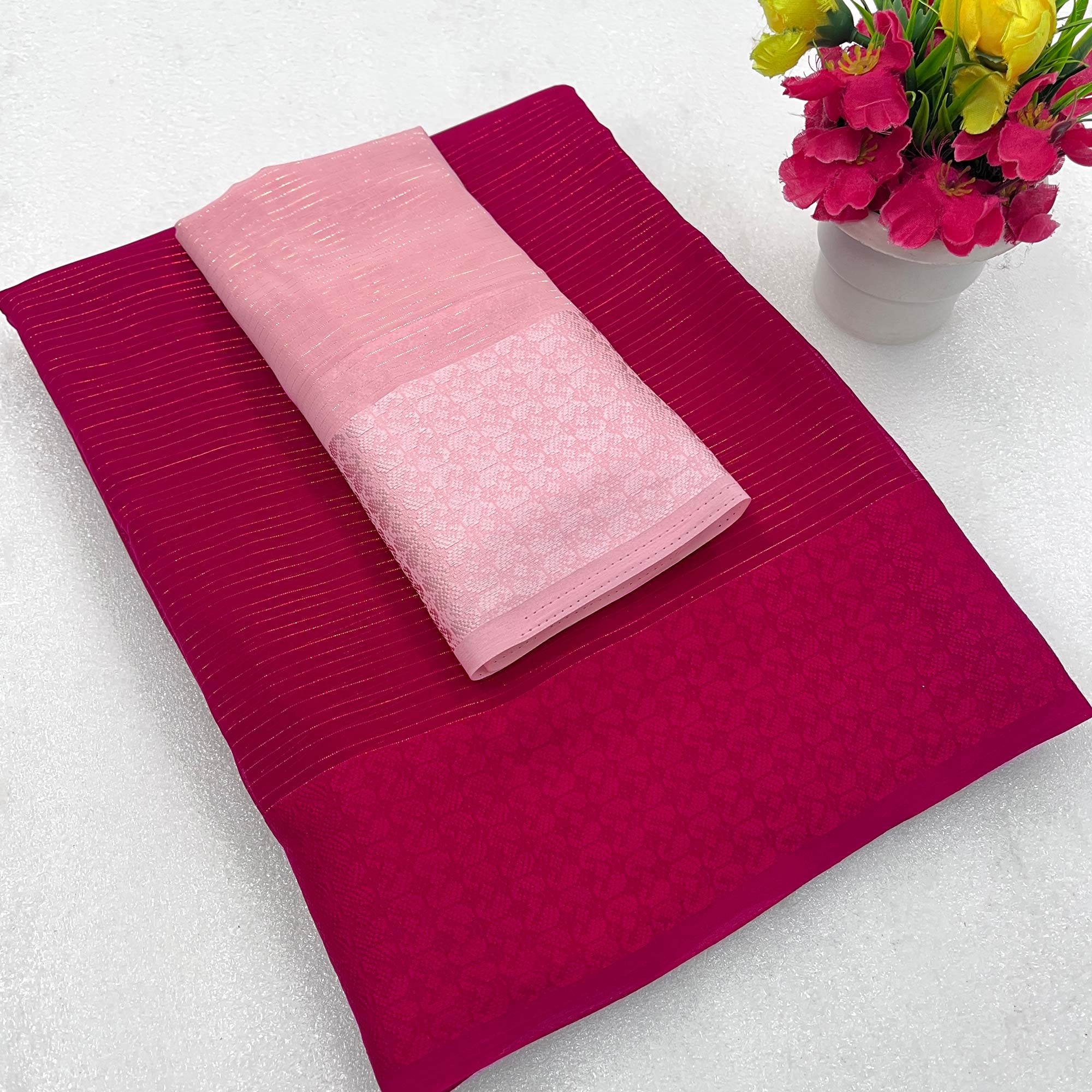 Rani Pink Zari Woven Georgette Saree