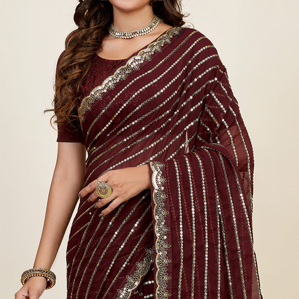 Brown Sequins Embroidered Georgette Saree