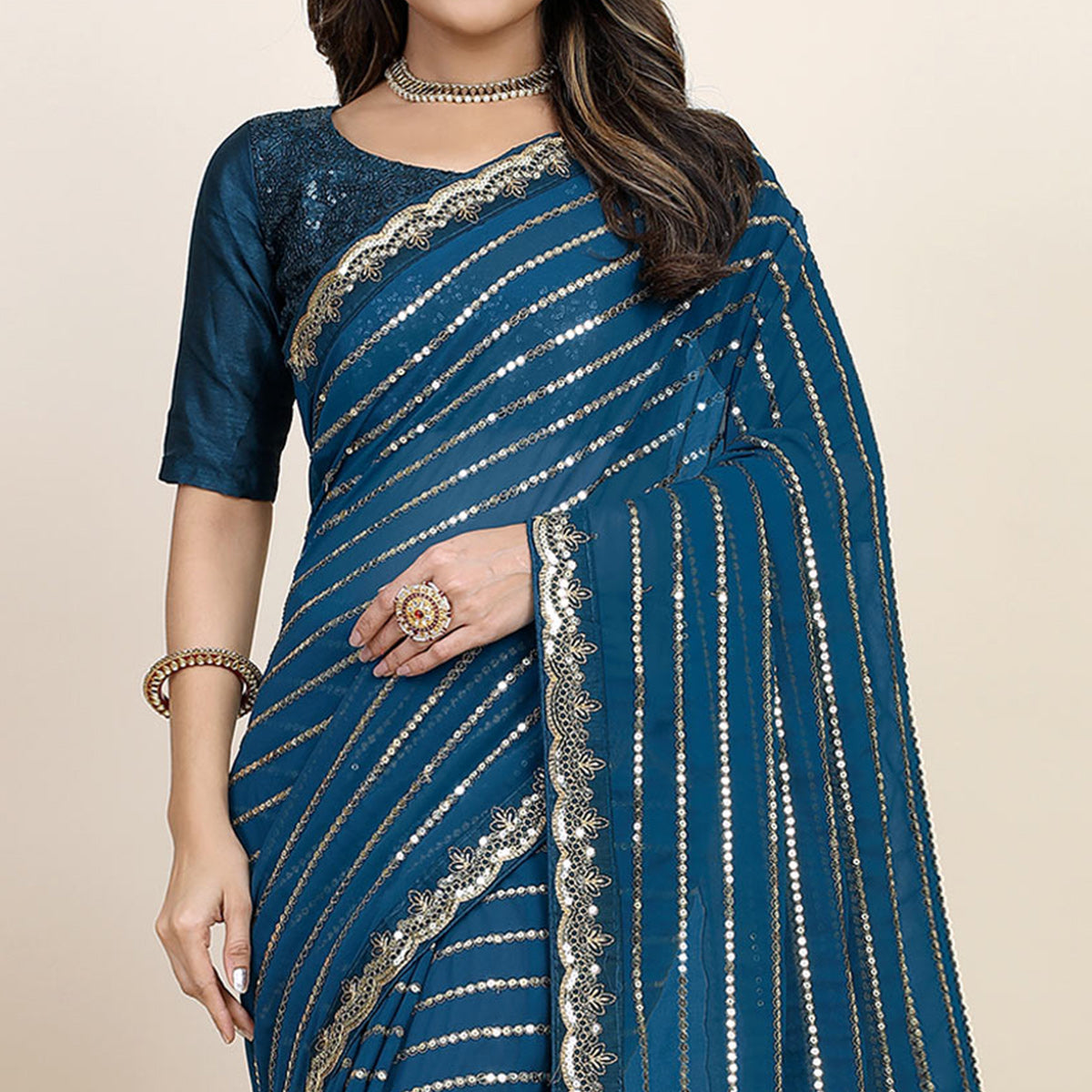 Morpich Sequins Embroidered Georgette Saree