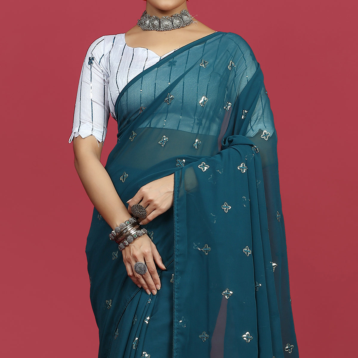 Morpich Sequins Embroidered Georgette Saree