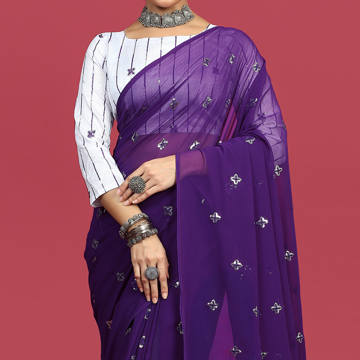 Purple Sequins Embroidered Georgette Saree