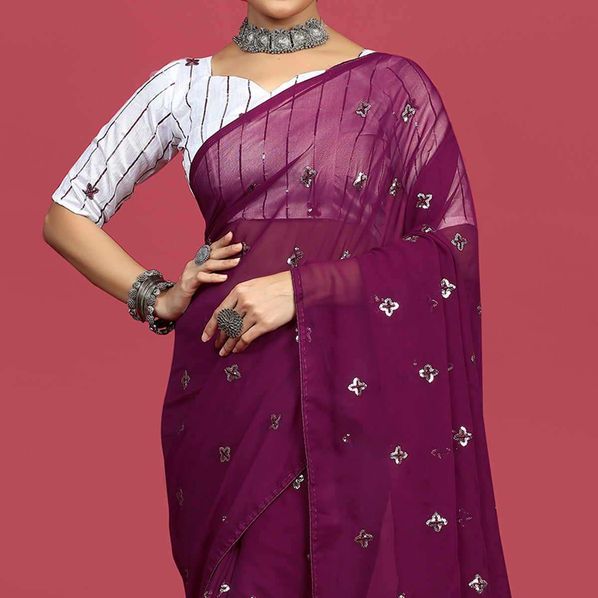 Wine Sequins Embroidered Georgette Saree