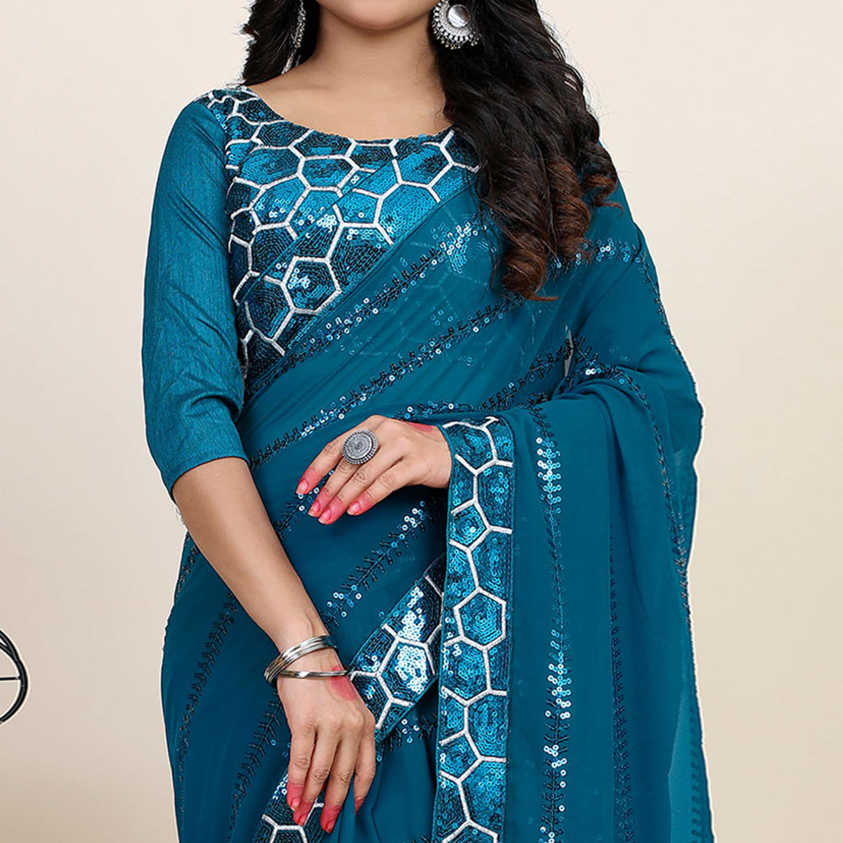 Blue Sequins Embroidered Georgette Saree