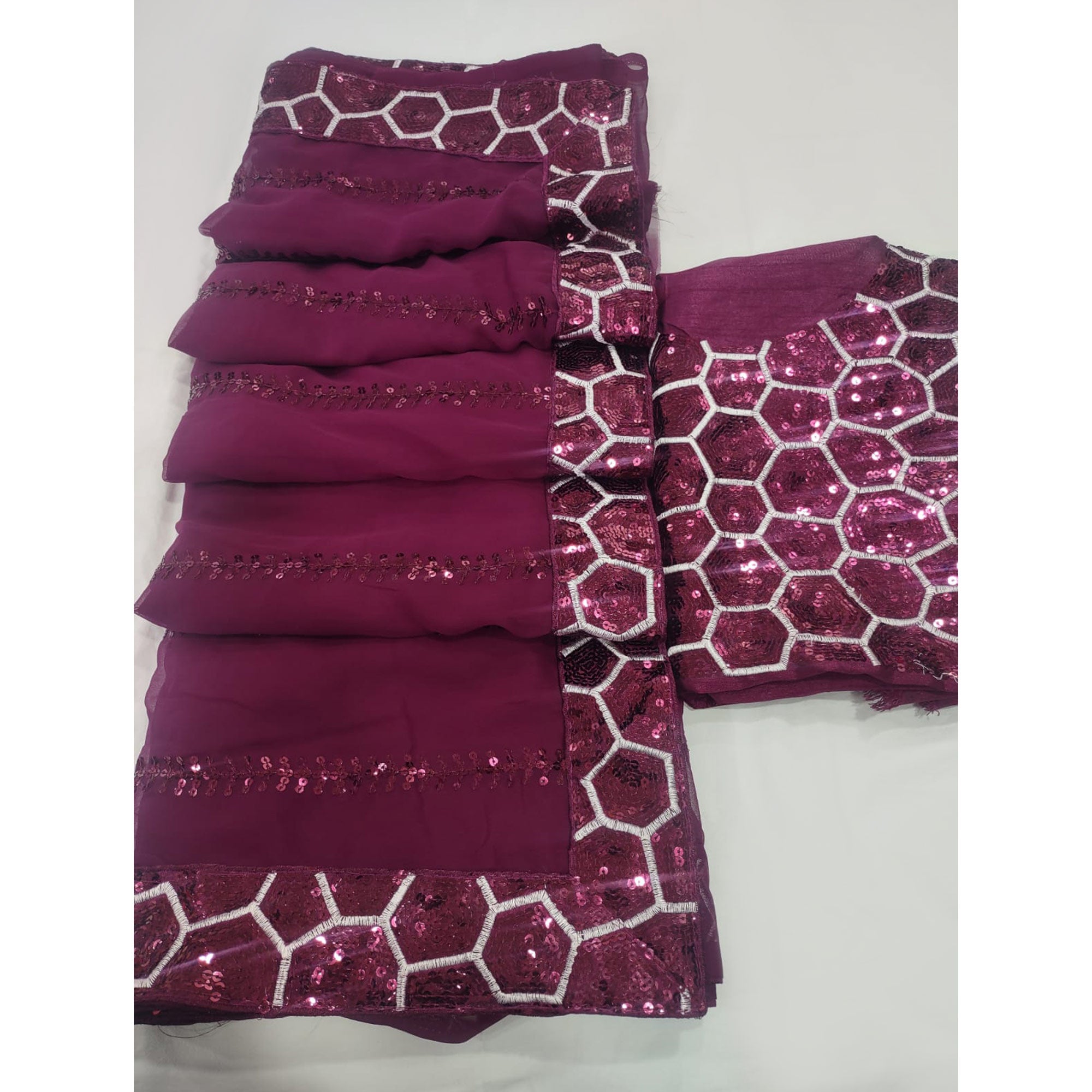 Wine Sequins Embroidered Georgette Saree