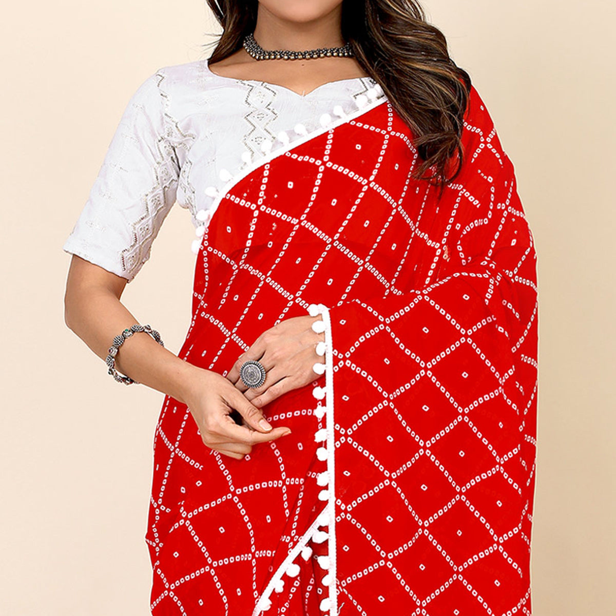 Red Bandhani Printed Georgette Saree