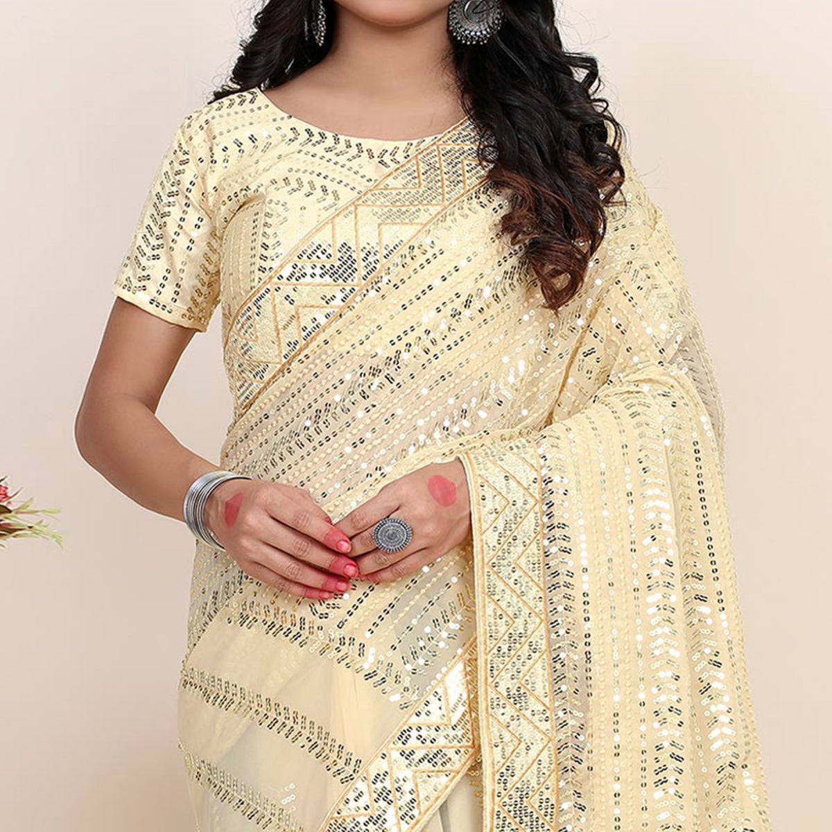 Light Chikoo Sequins Embroidered Georgette Saree