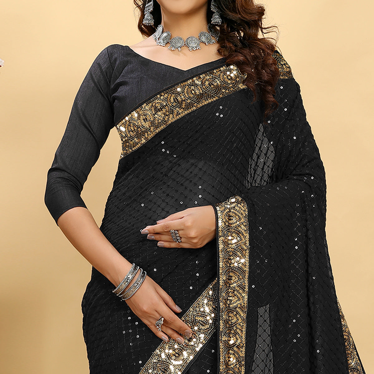Black Sequins Embroidered Georgette Saree