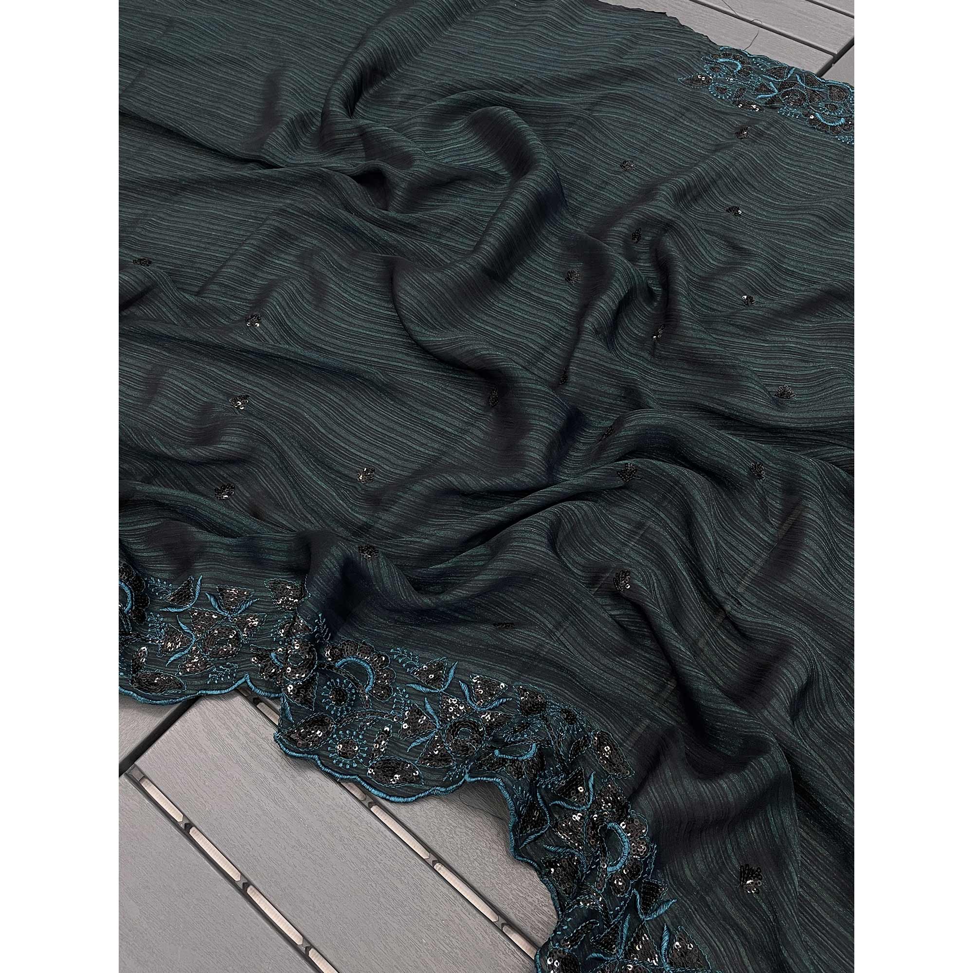 Dark Morpich Sequins Embroidered Chiffon Saree