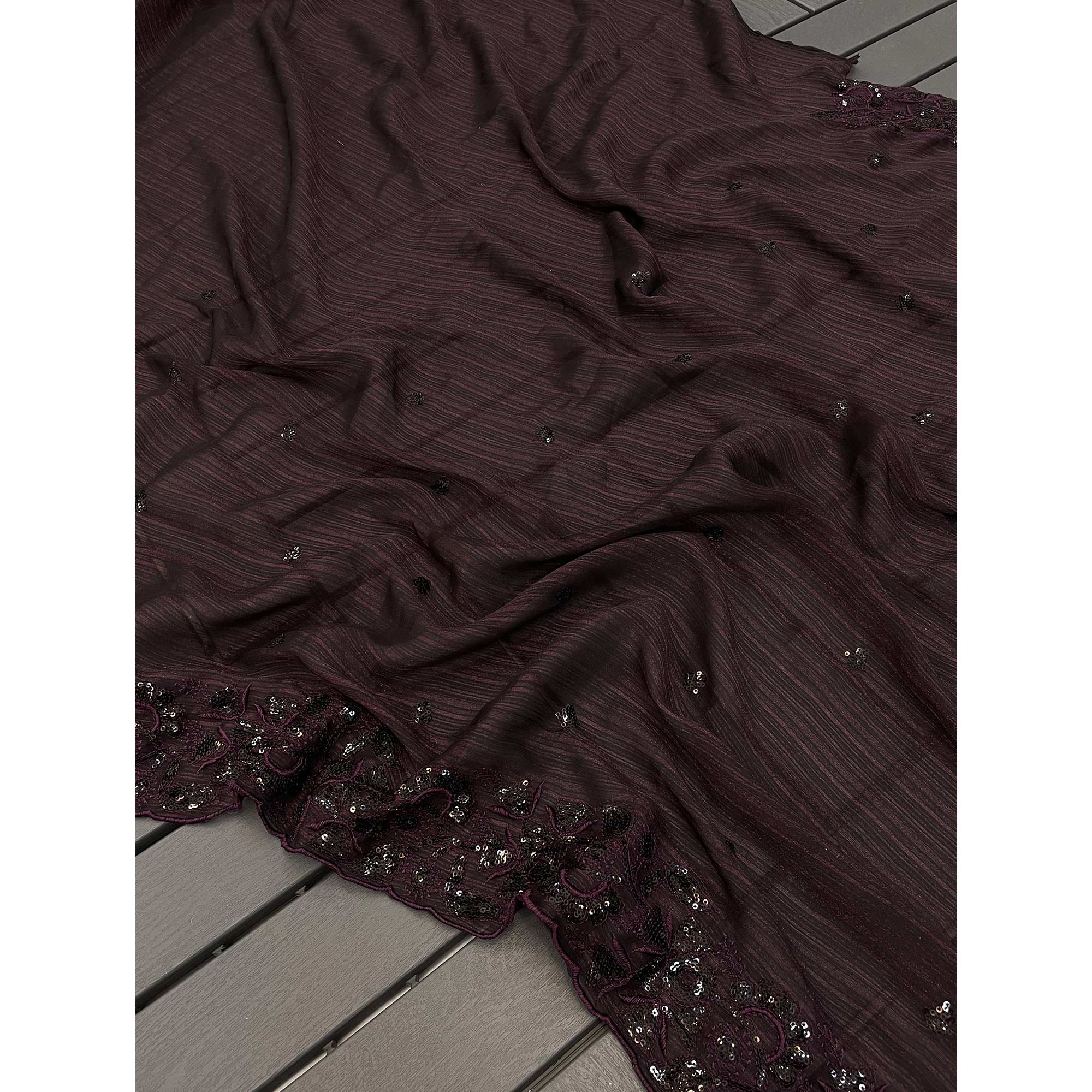 Dark Wine Sequins Embroidered Chiffon Saree