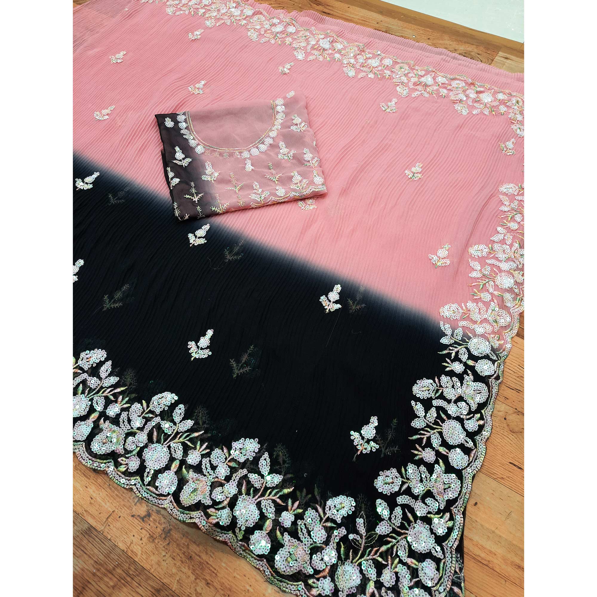 Black & Pink Sequins Embroidered Georgette Crush Saree