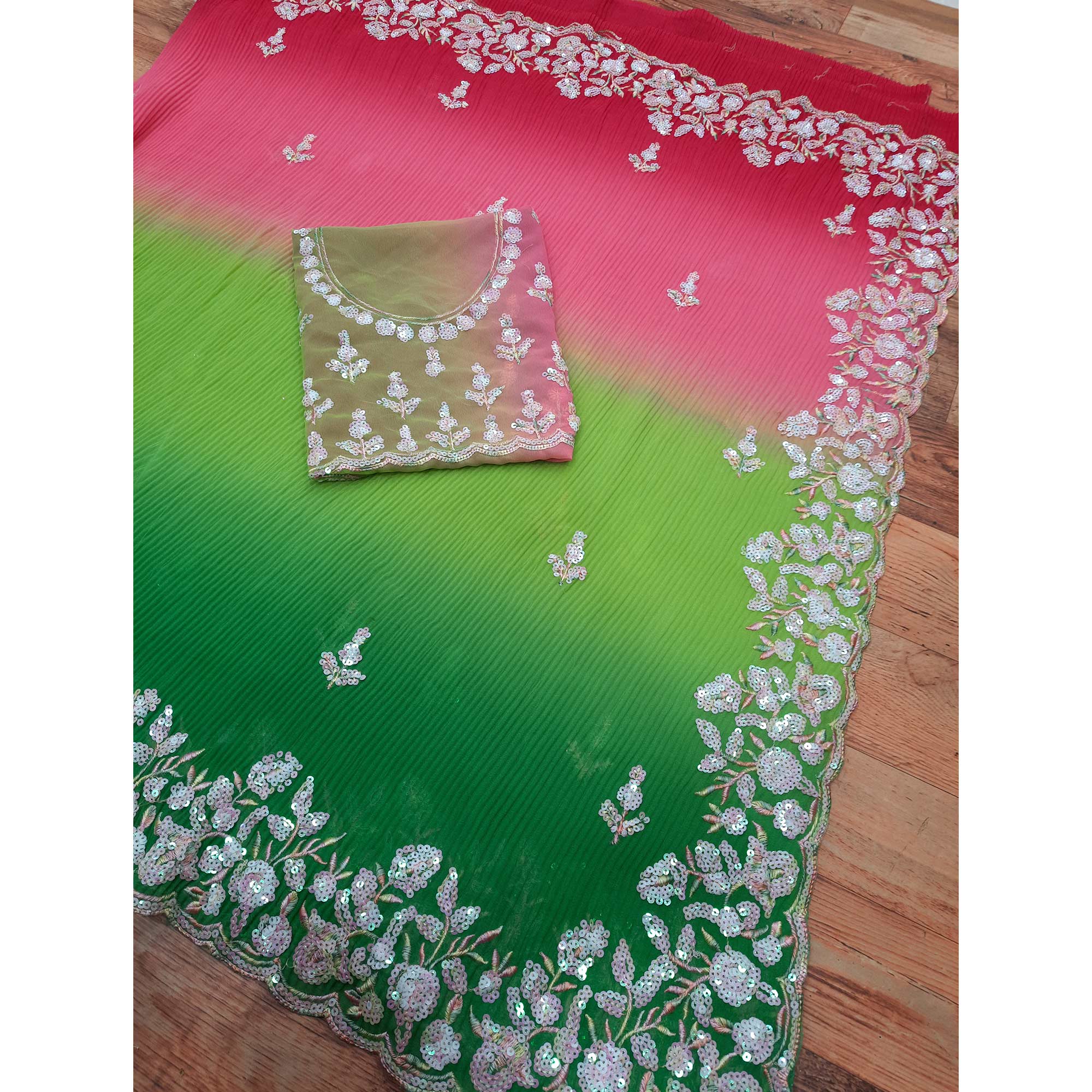 Green & Pink Sequins Embroidered Georgette Crush Saree