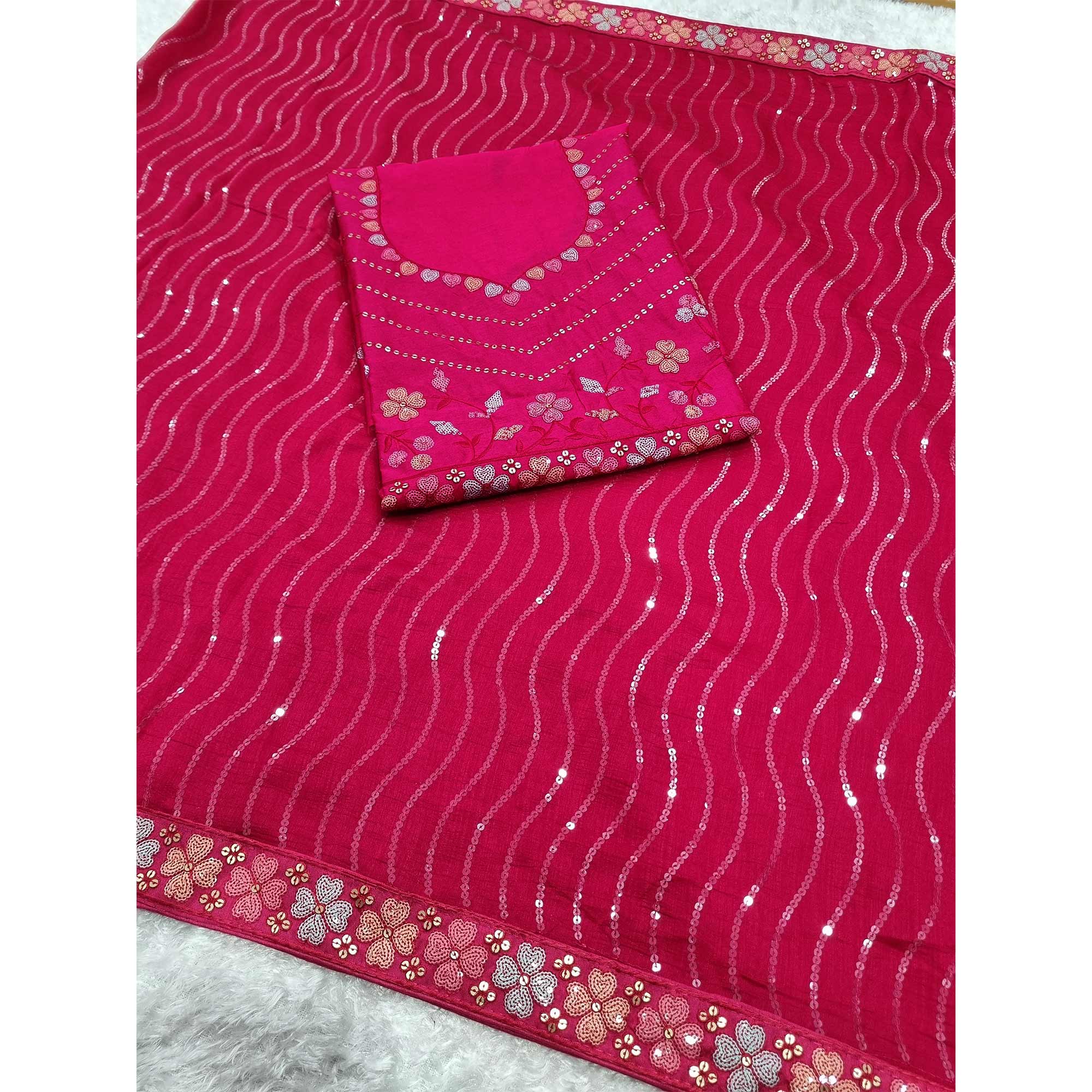 Pink Sequins Embroidered Vichitra Silk Saree