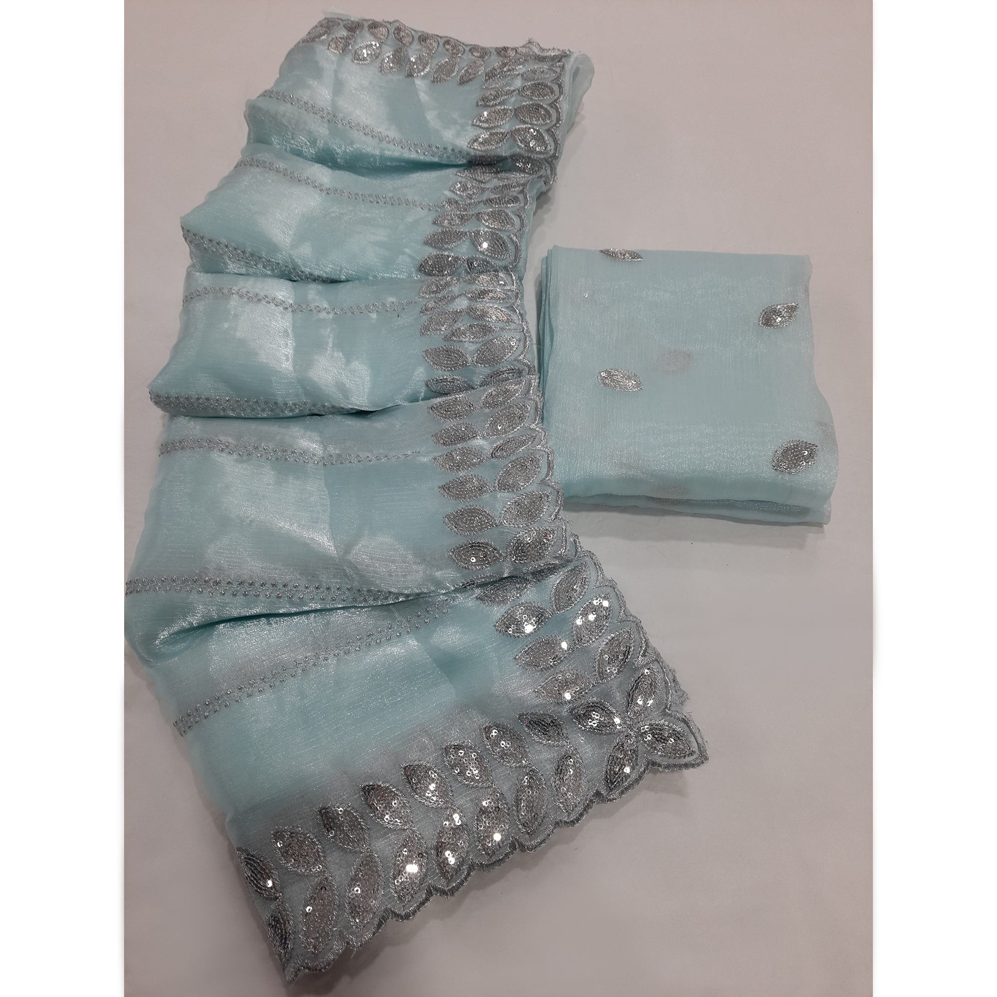 Sky Blue Embroidered Chiffon Saree With Sequins Border