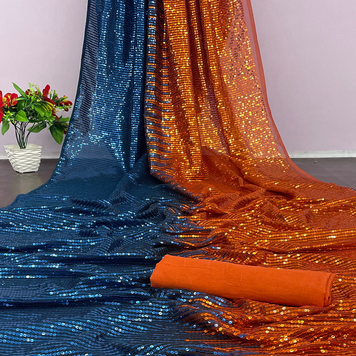 Orange & Morpich Sequins Digital Print Georgette Half N Half Saree