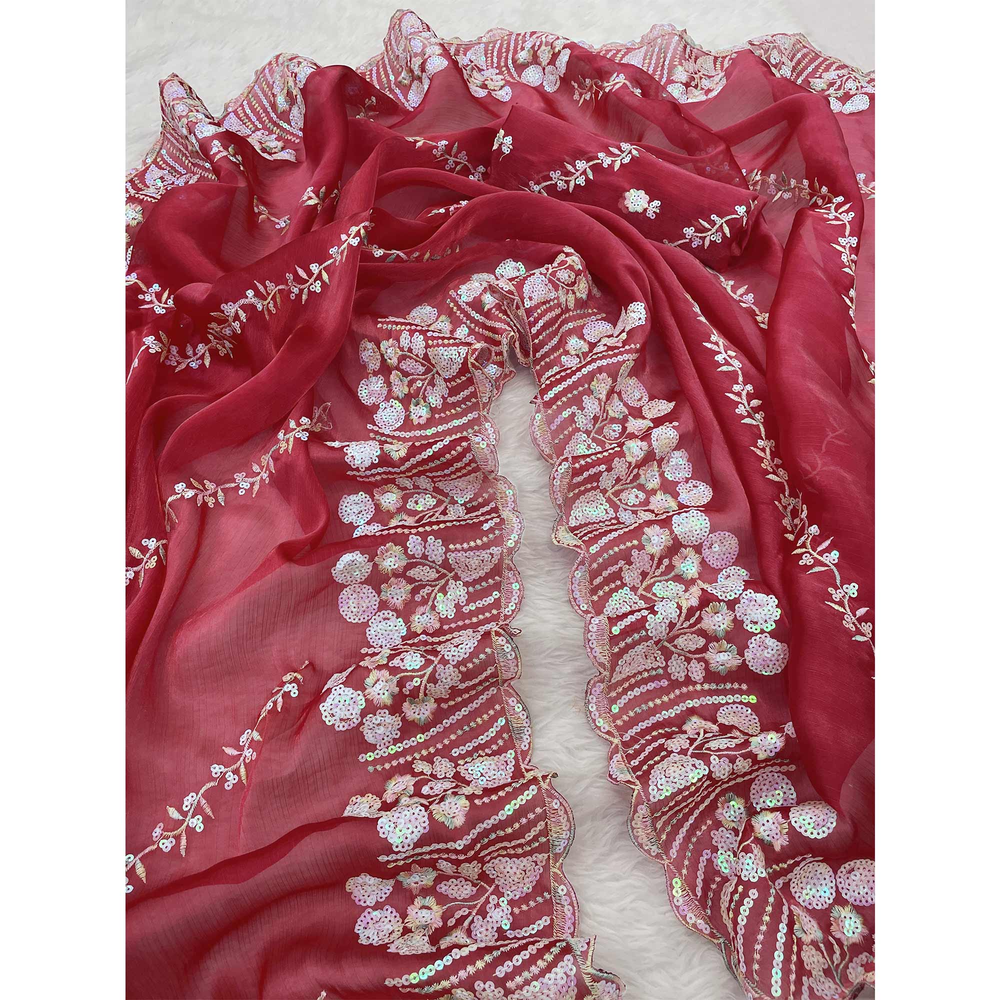 Plum Red Sequins Embroidered Chiffon Saree