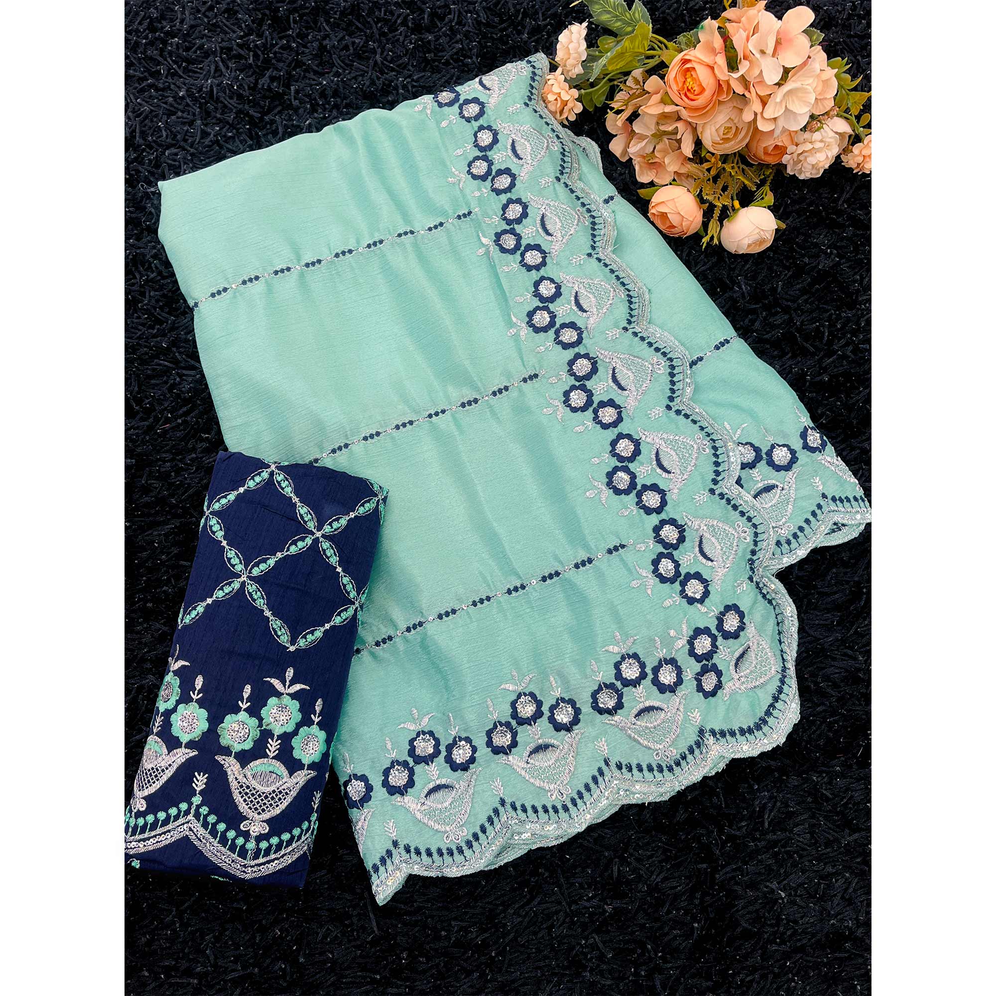 Turquoise Sequins Embroidered Chinon Saree