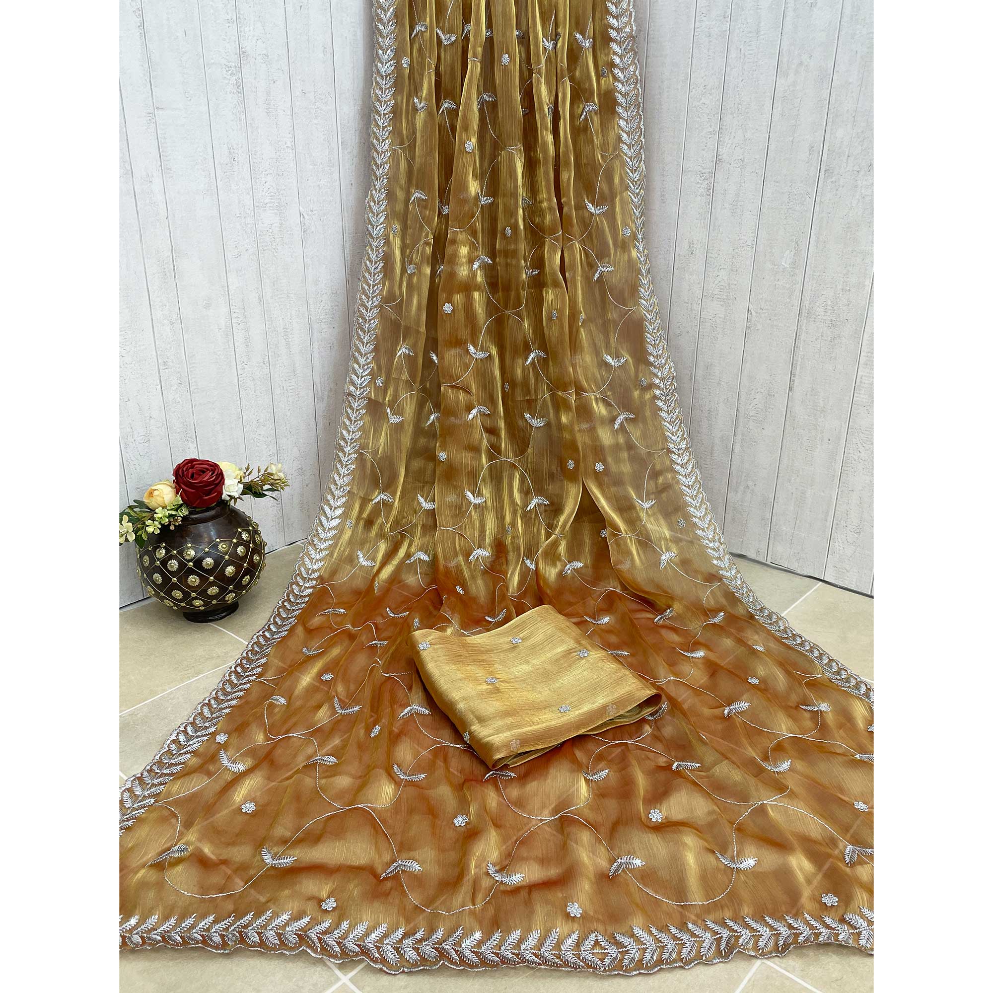 Golden Sequins Embroidered Chiffon Saree