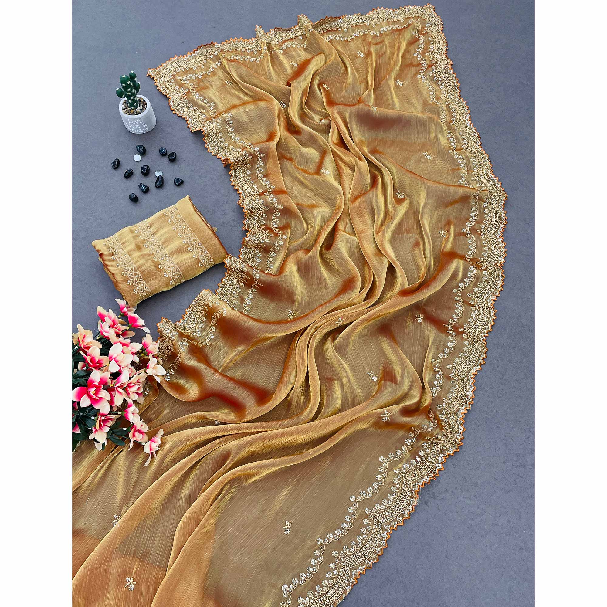 Gold Sequins Embroidered Chiffon Saree