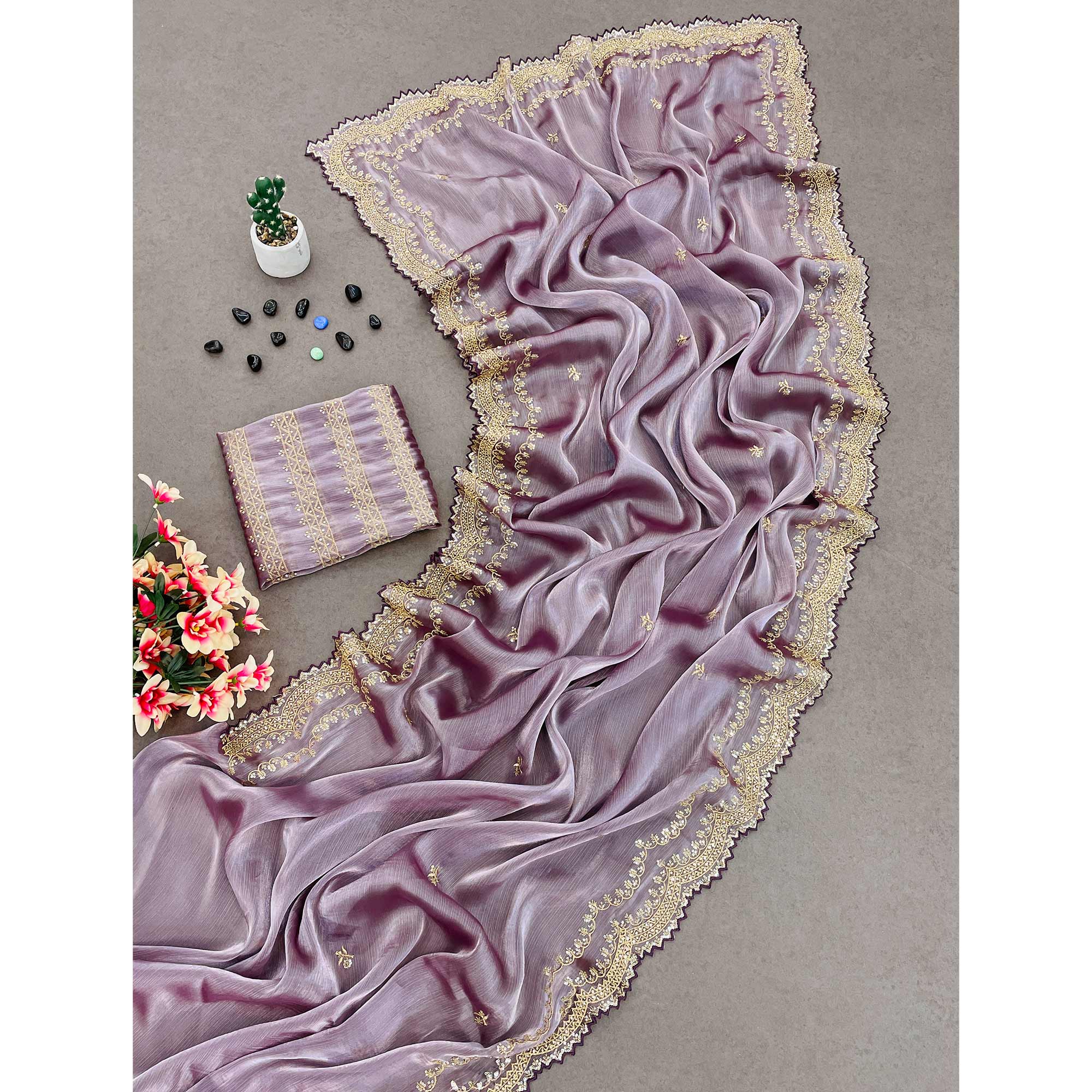 Mauve Sequins Embroidered Chiffon Saree