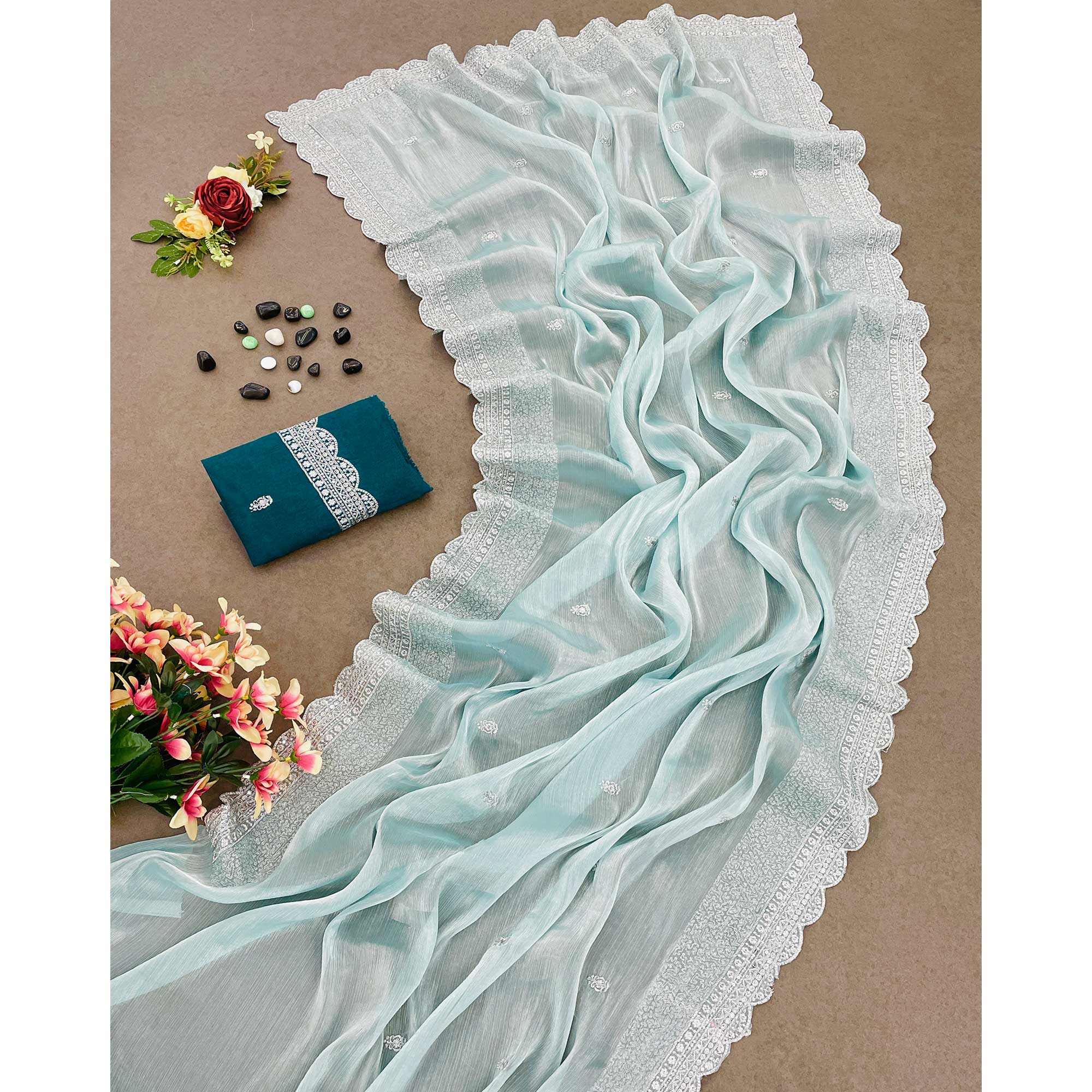 Sea Green Sequins Embroidered Chiffon Saree