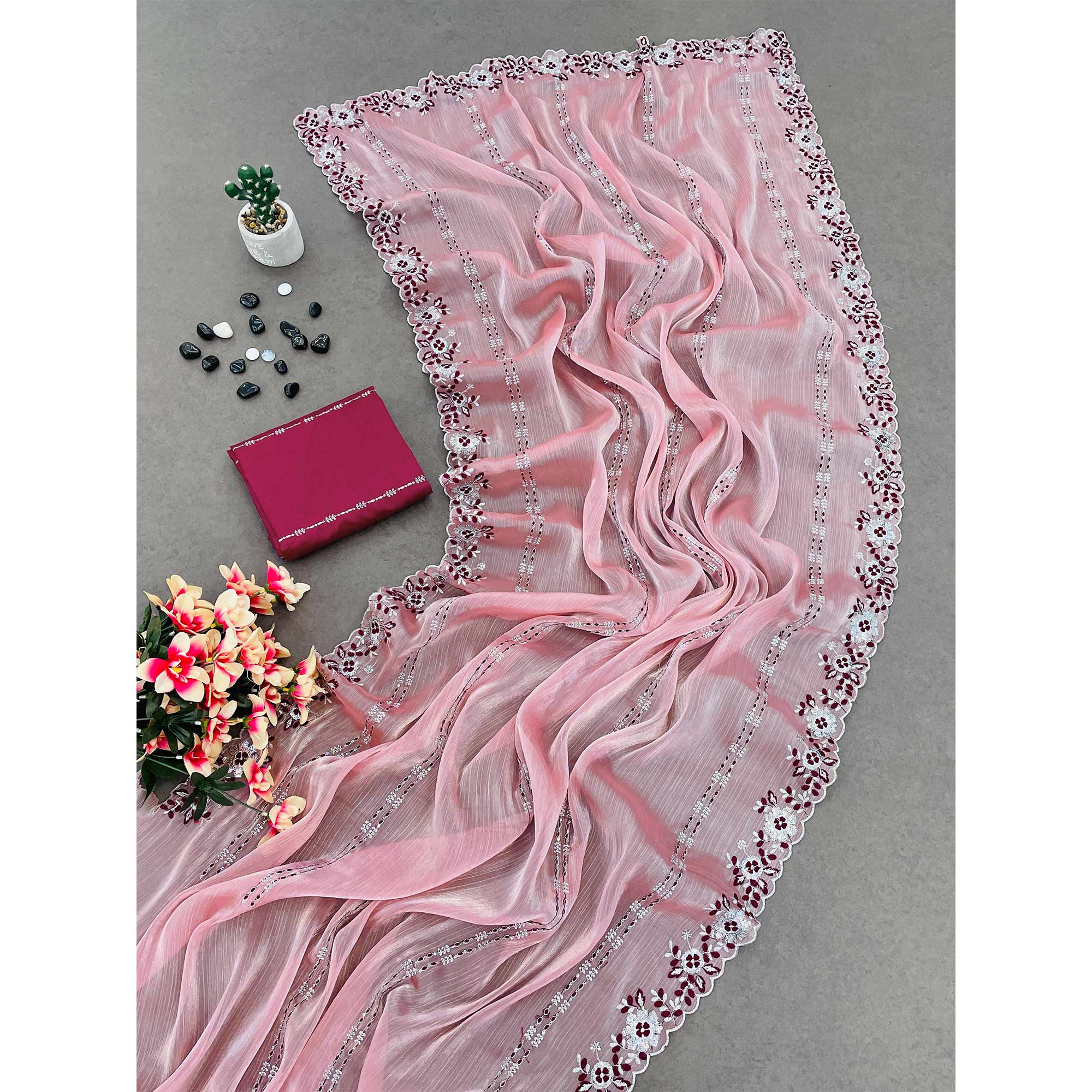 Pink Sequins Embroidered Chiffon Saree