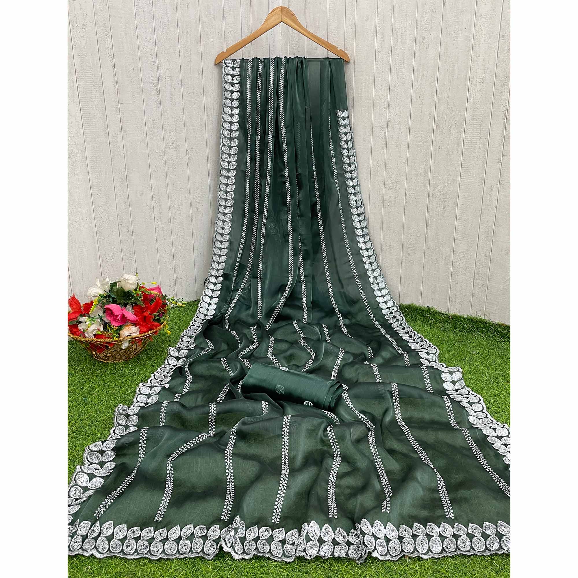 Bottle Green Sequins Embroidered Chiffon Silk Saree