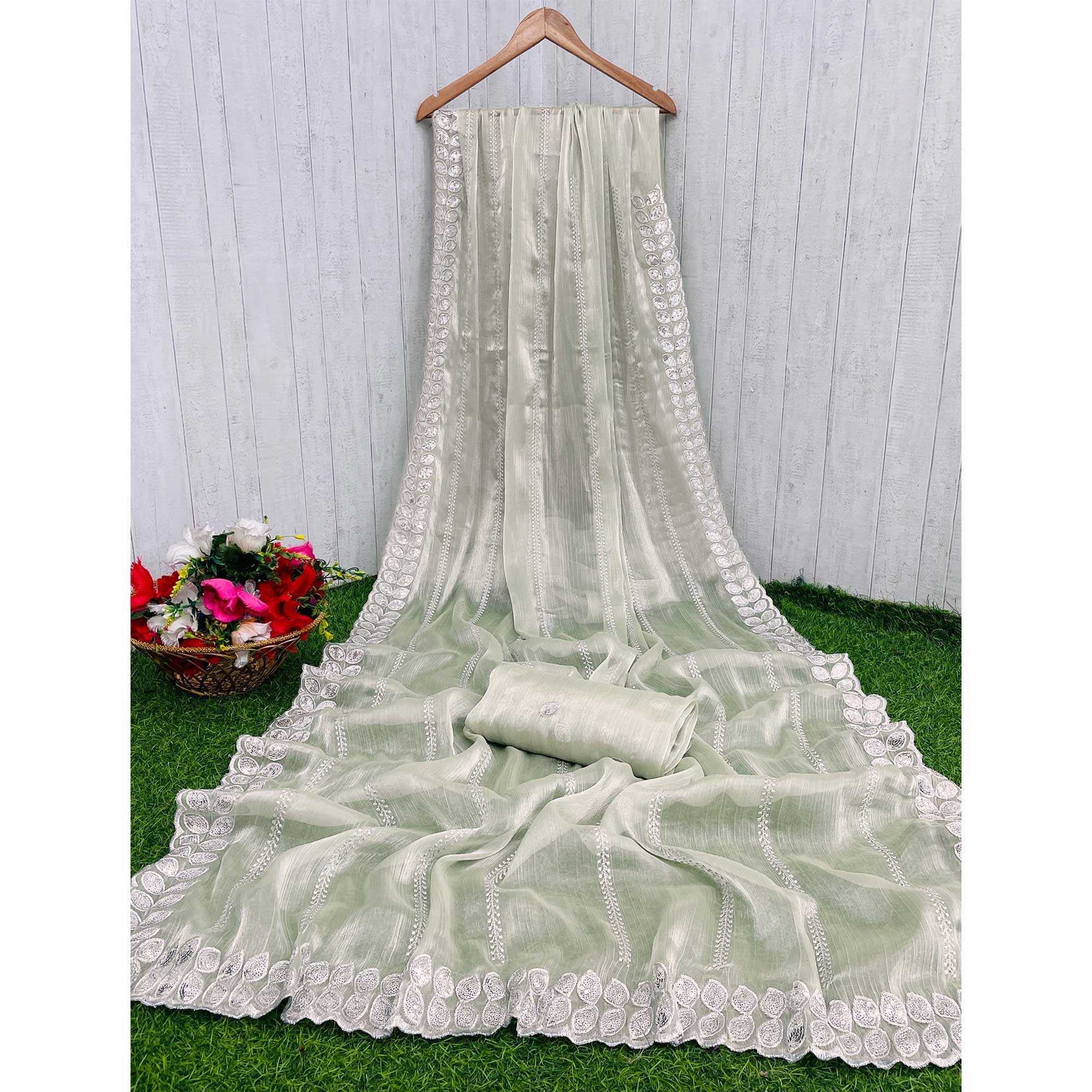 Pista Green Sequins Embroidered Chiffon Silk Saree