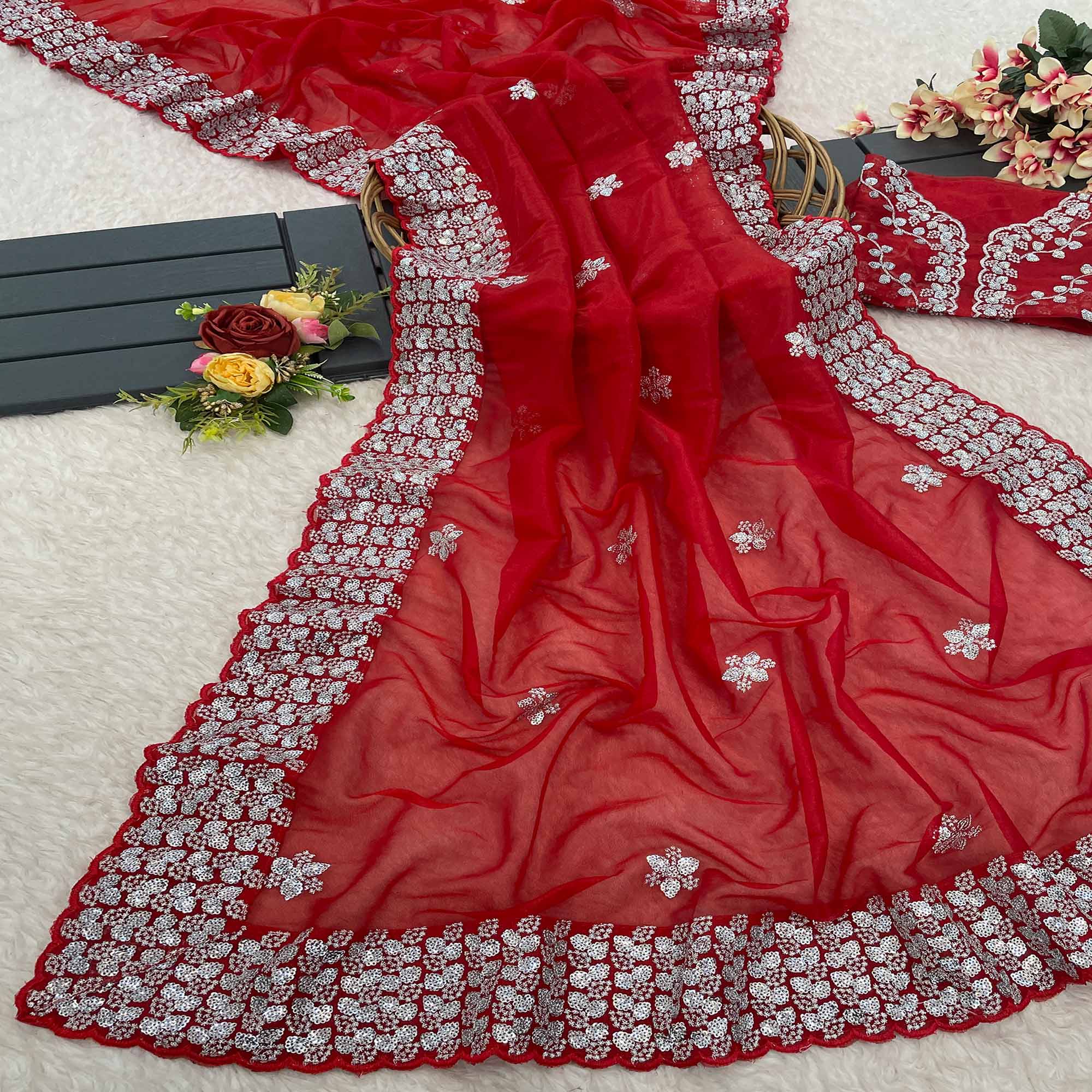 Red Floral Embroidered Net Saree