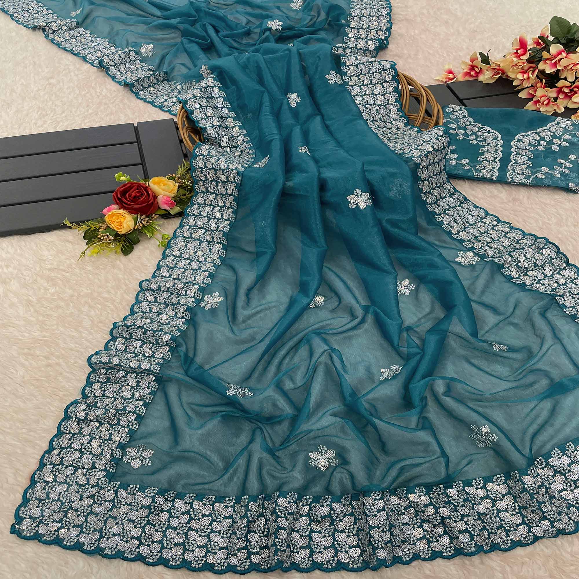 Teal Floral Embroidered Net Saree