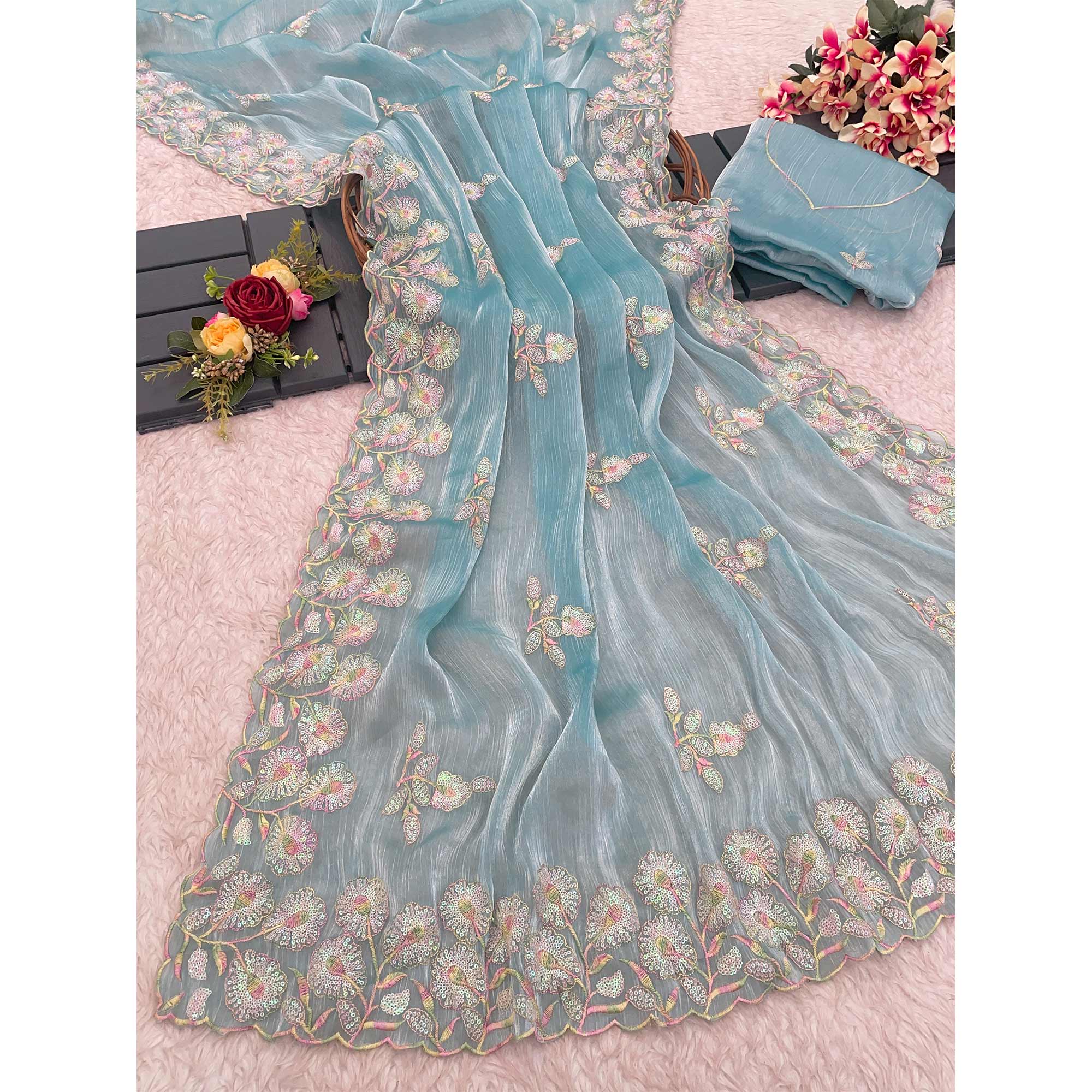 Sky Blue Sequins Embroidered Chiffon Saree