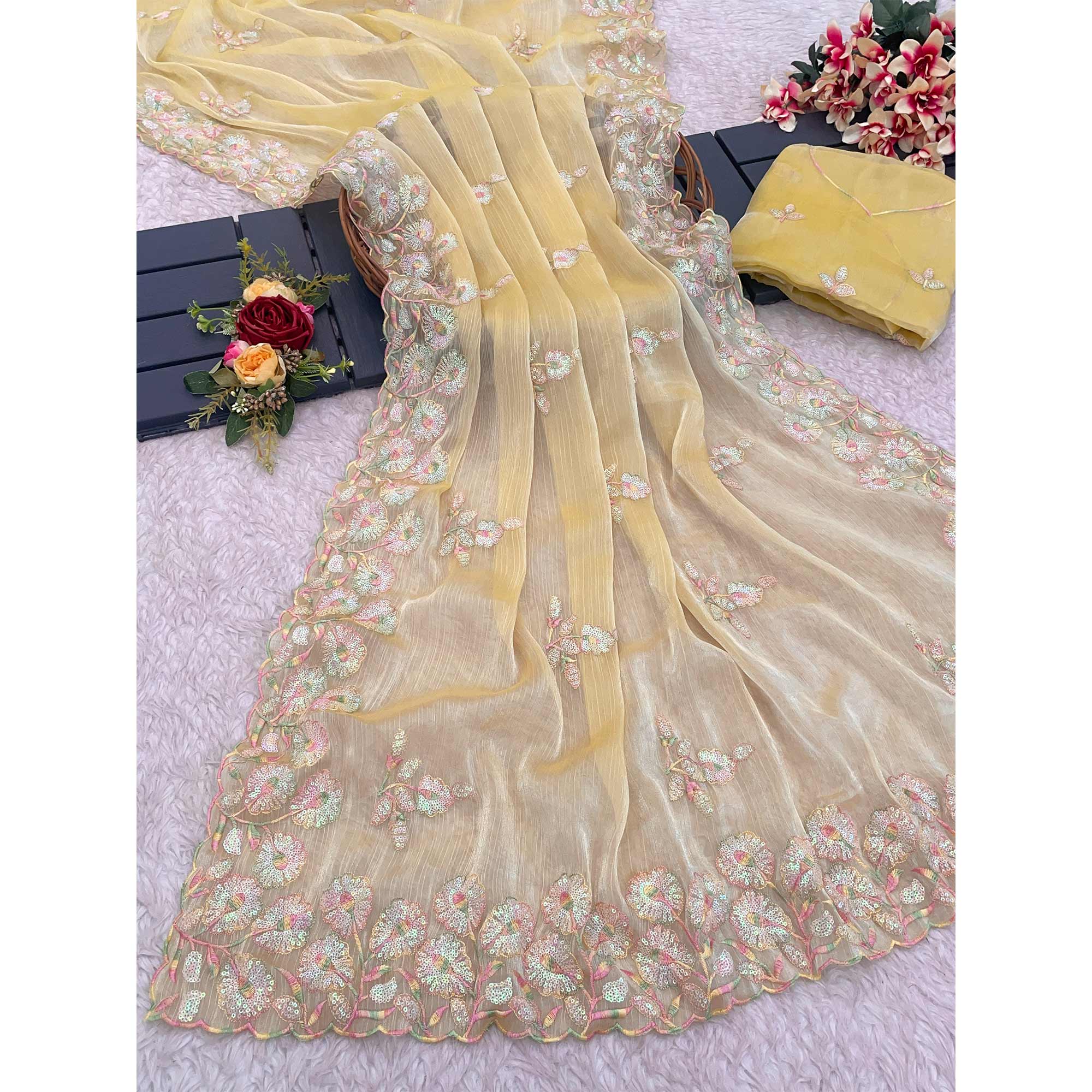 Yellow Sequins Embroidered Chiffon Saree