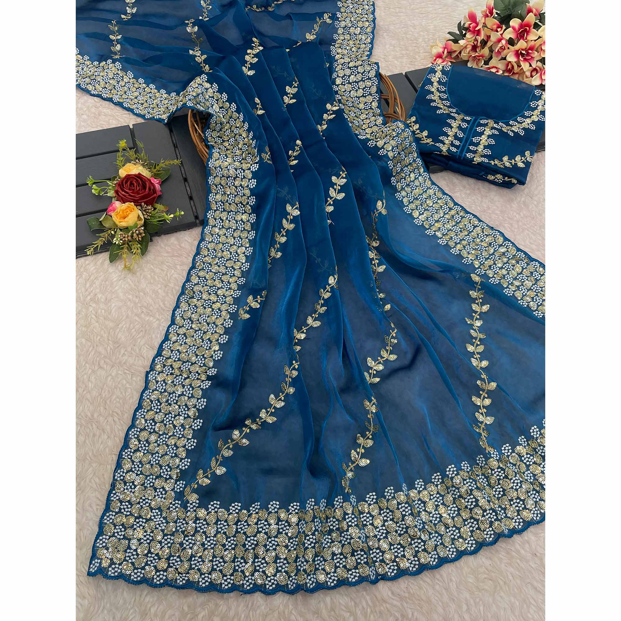 Blue Sequins Embroidered Satin Saree