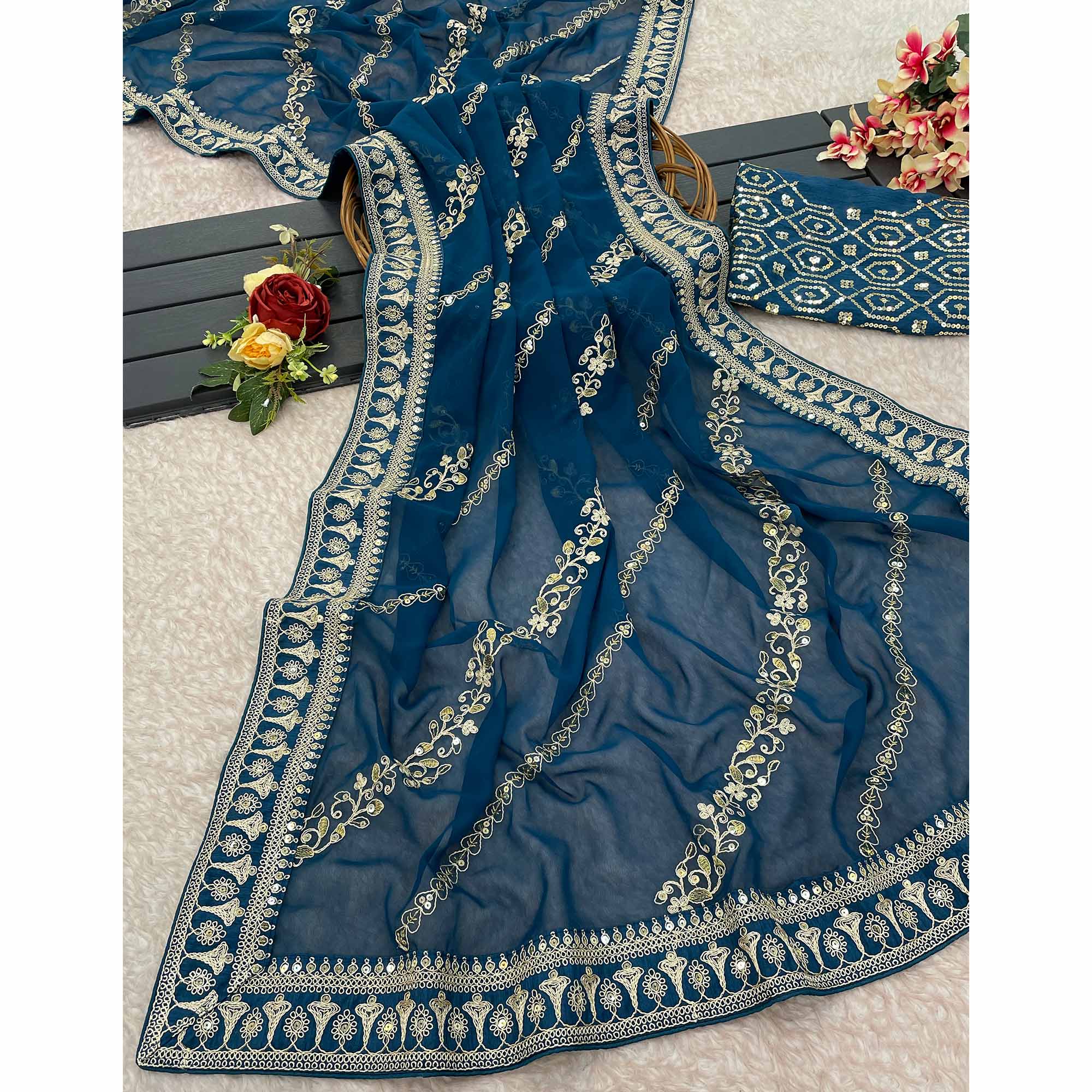 Blue Sequins Embroidered Georgette Saree