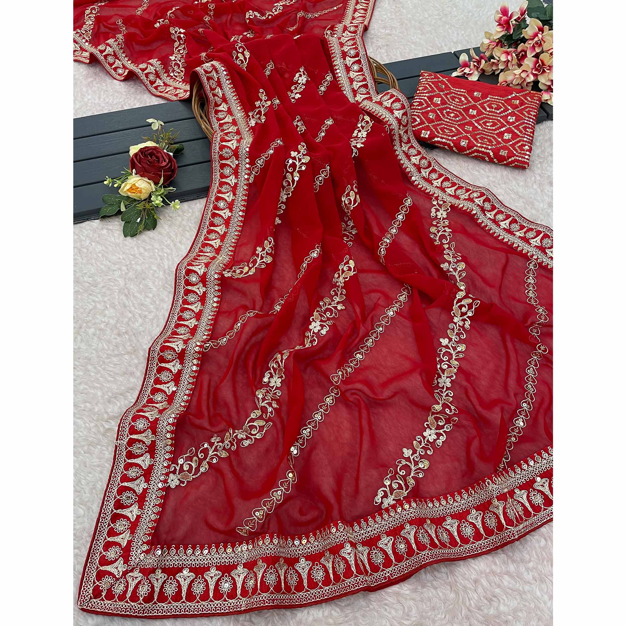 Red Sequins Embroidered Georgette Saree