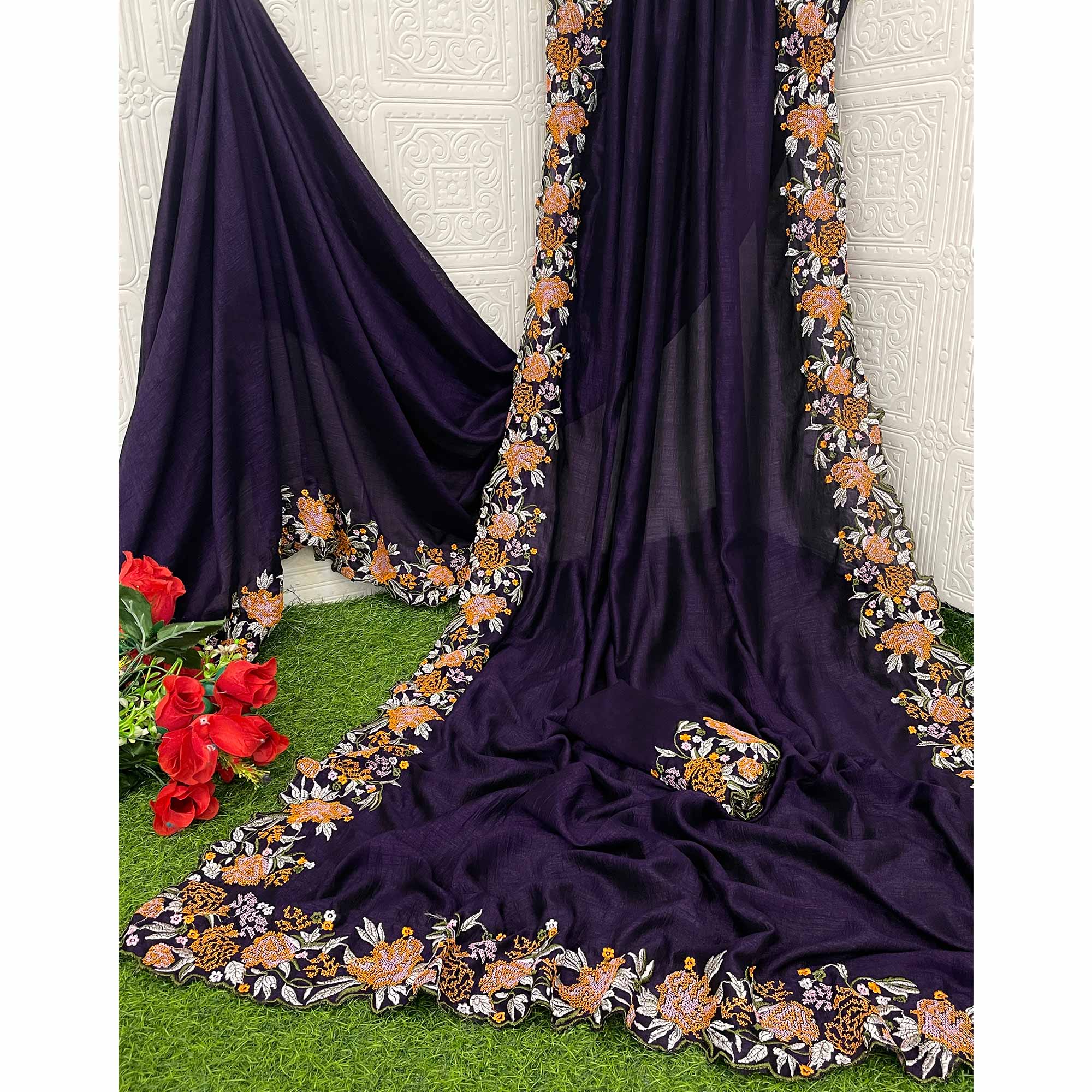 Purple Embroidery Vichitra Silk Saree With Floral Border