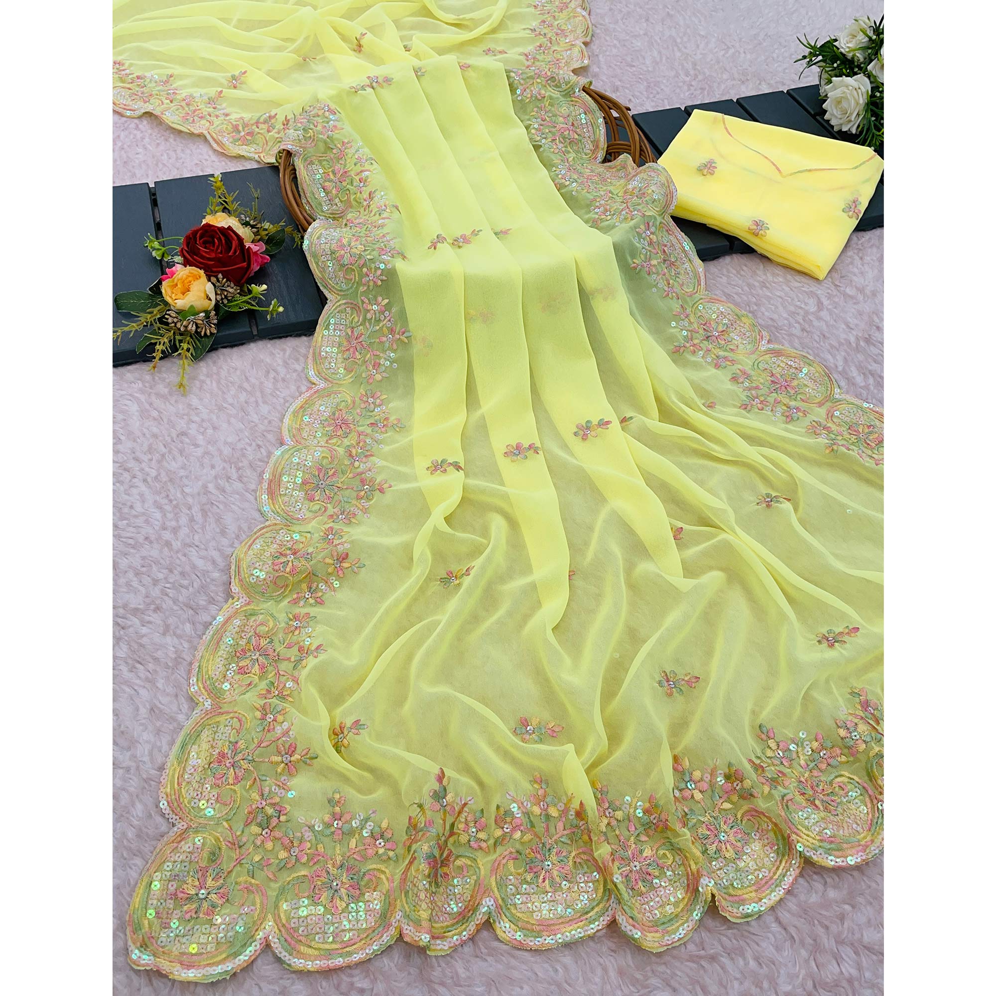 Yellow Floral Sequins Embroidered Georgette Saree