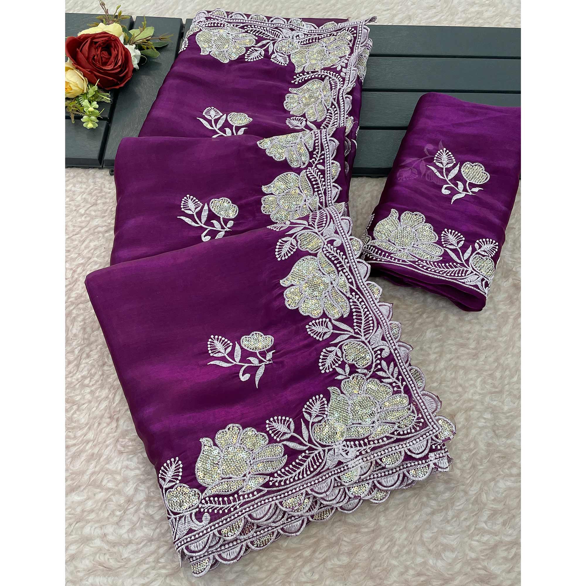 Magenta Floral Embroidered Satin Saree