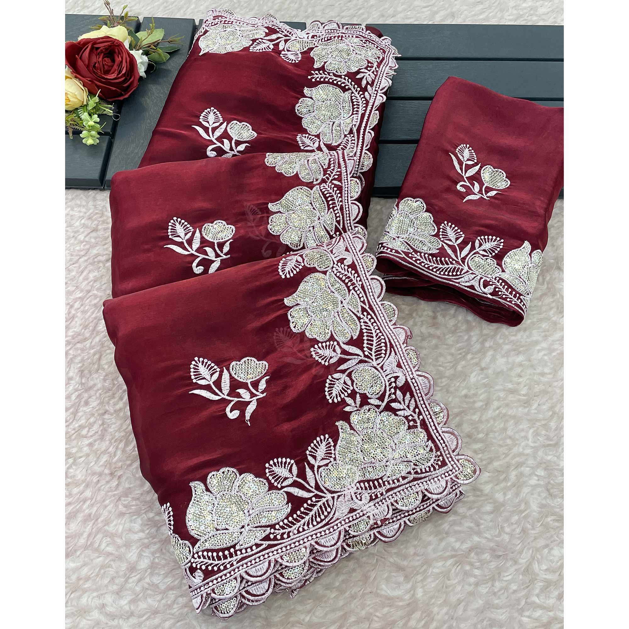 Maroon Floral Embroidered Satin Saree