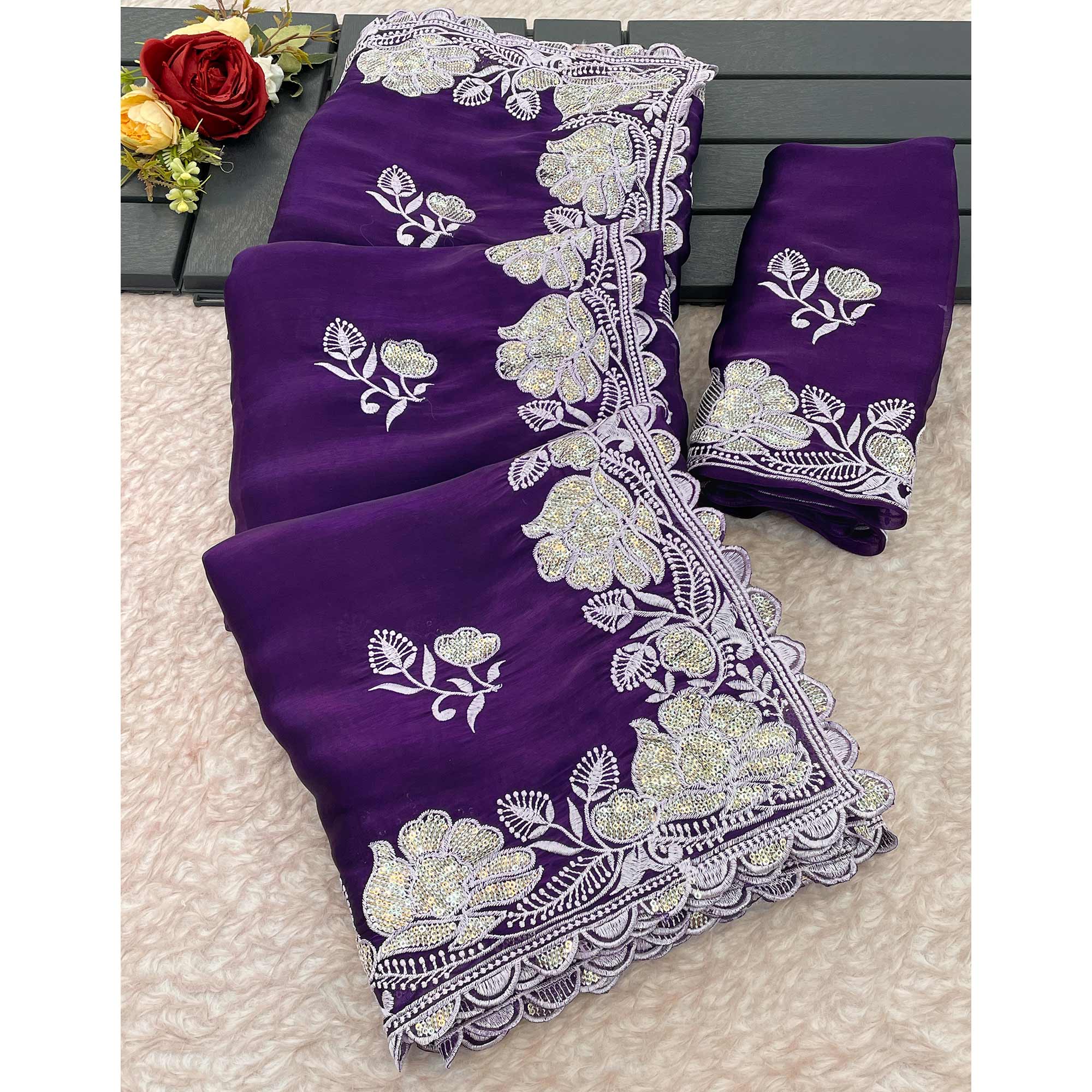 Purple Floral Embroidered Satin Saree