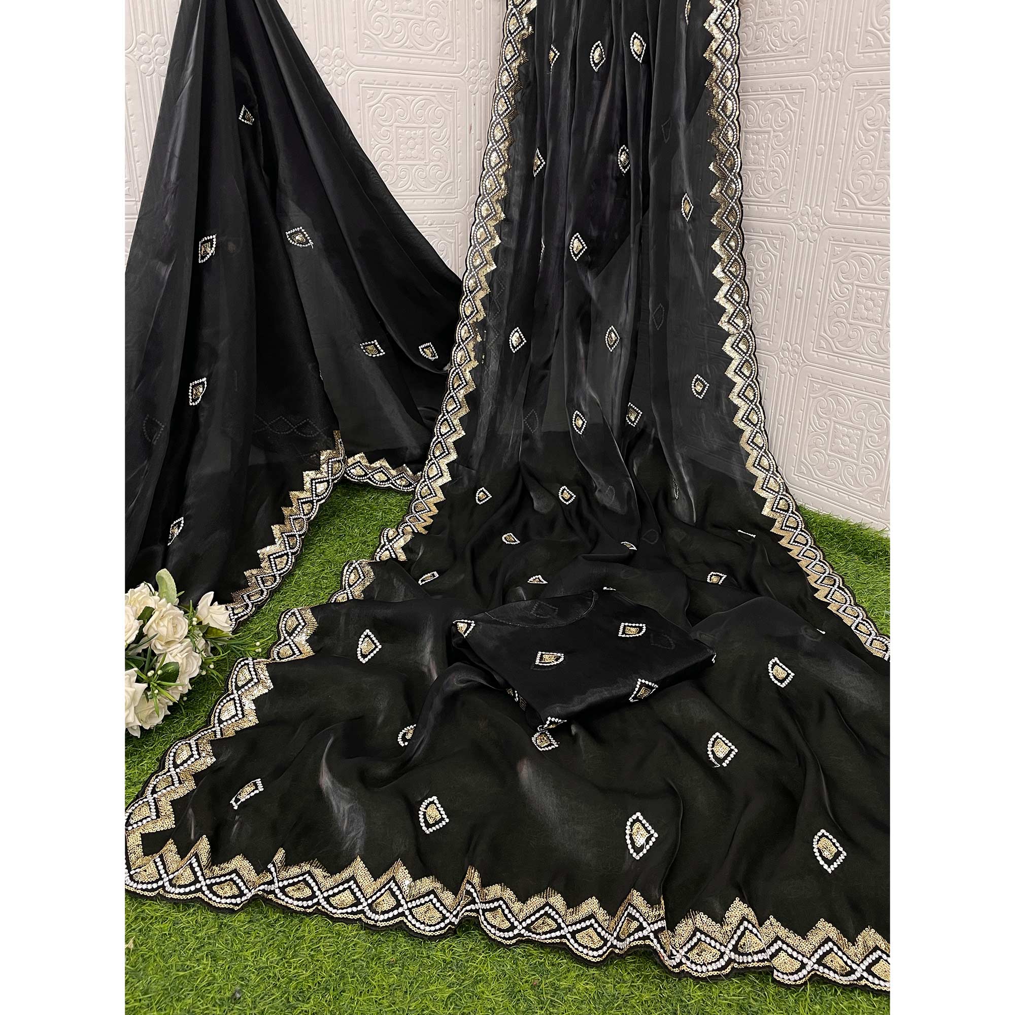Black Sequins Embroidered Satin Saree
