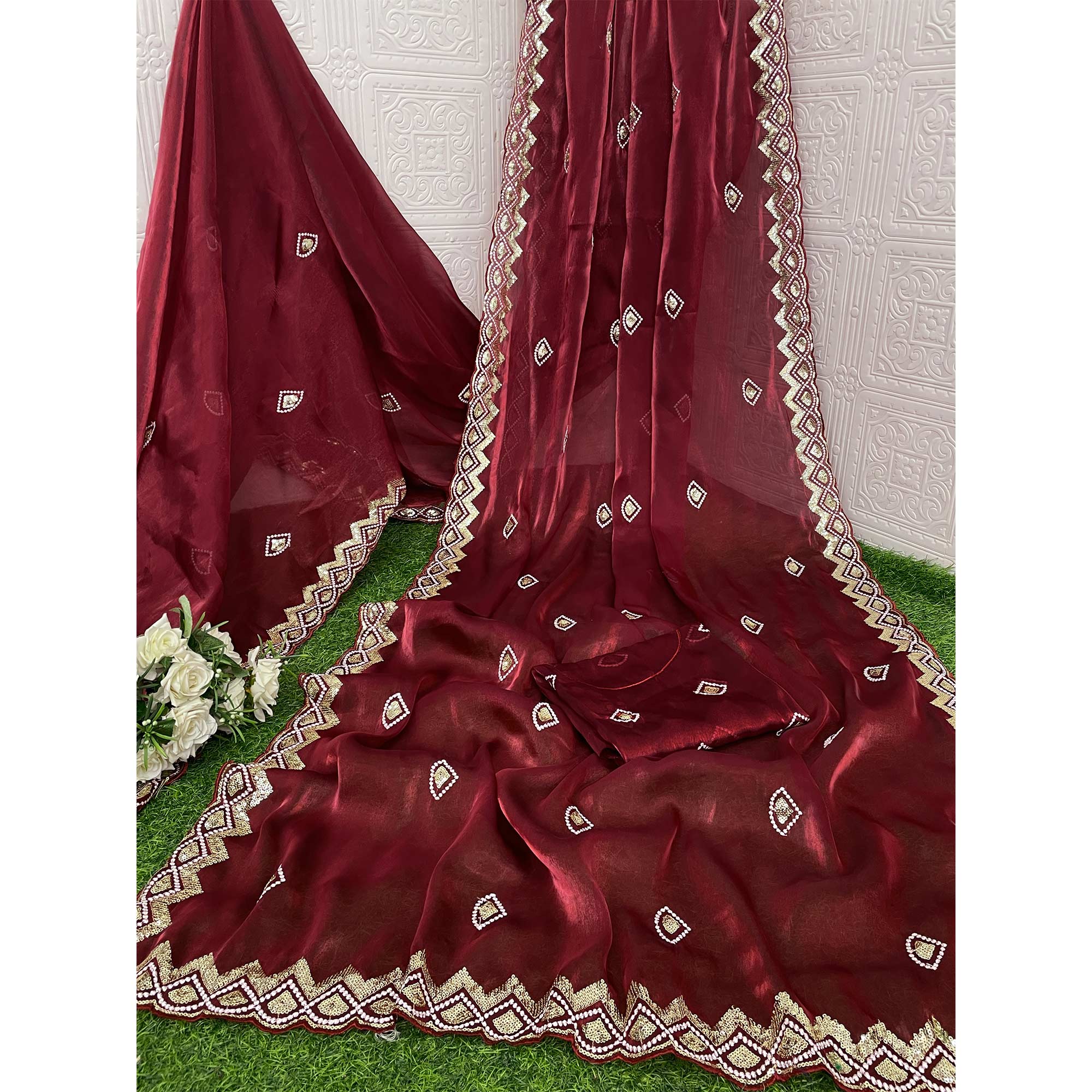 Maroon Sequins Embroidered Satin Saree