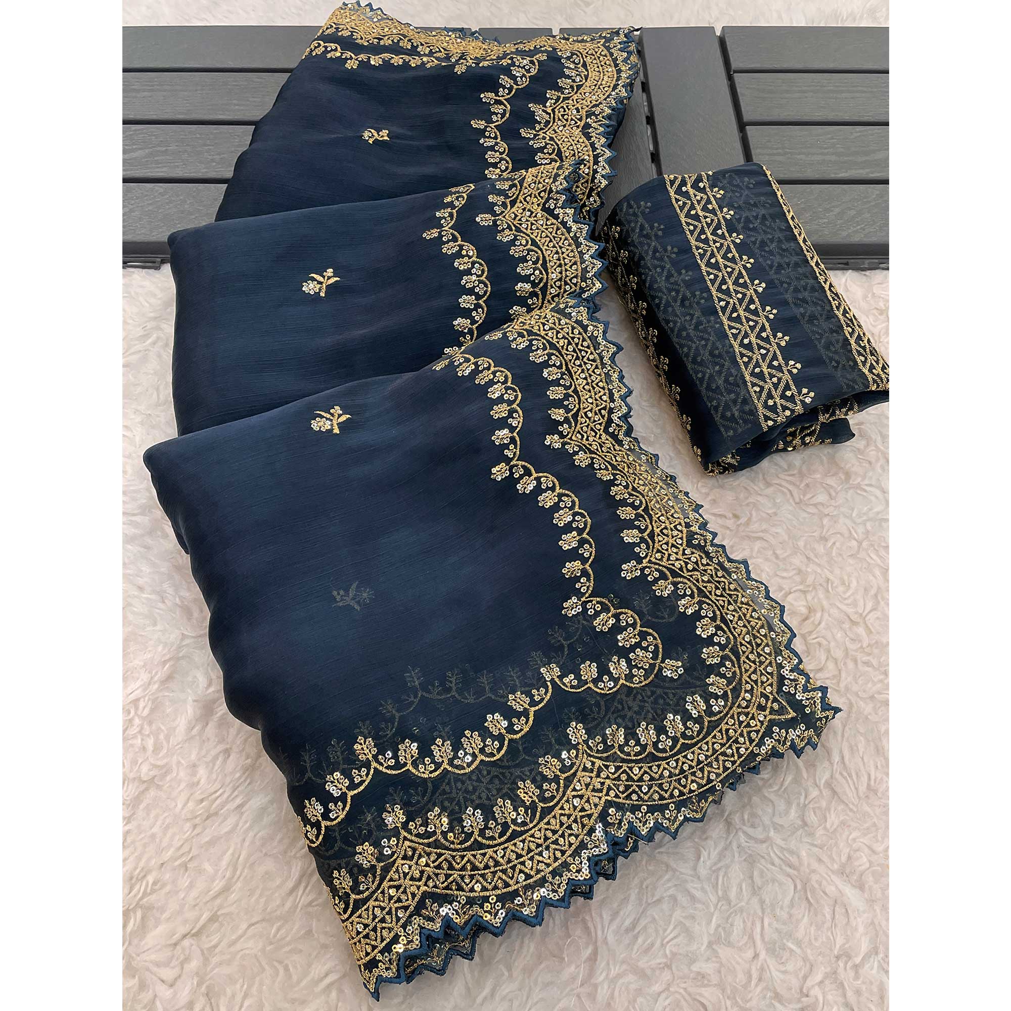 Blue Embroidered Chiffon Saree