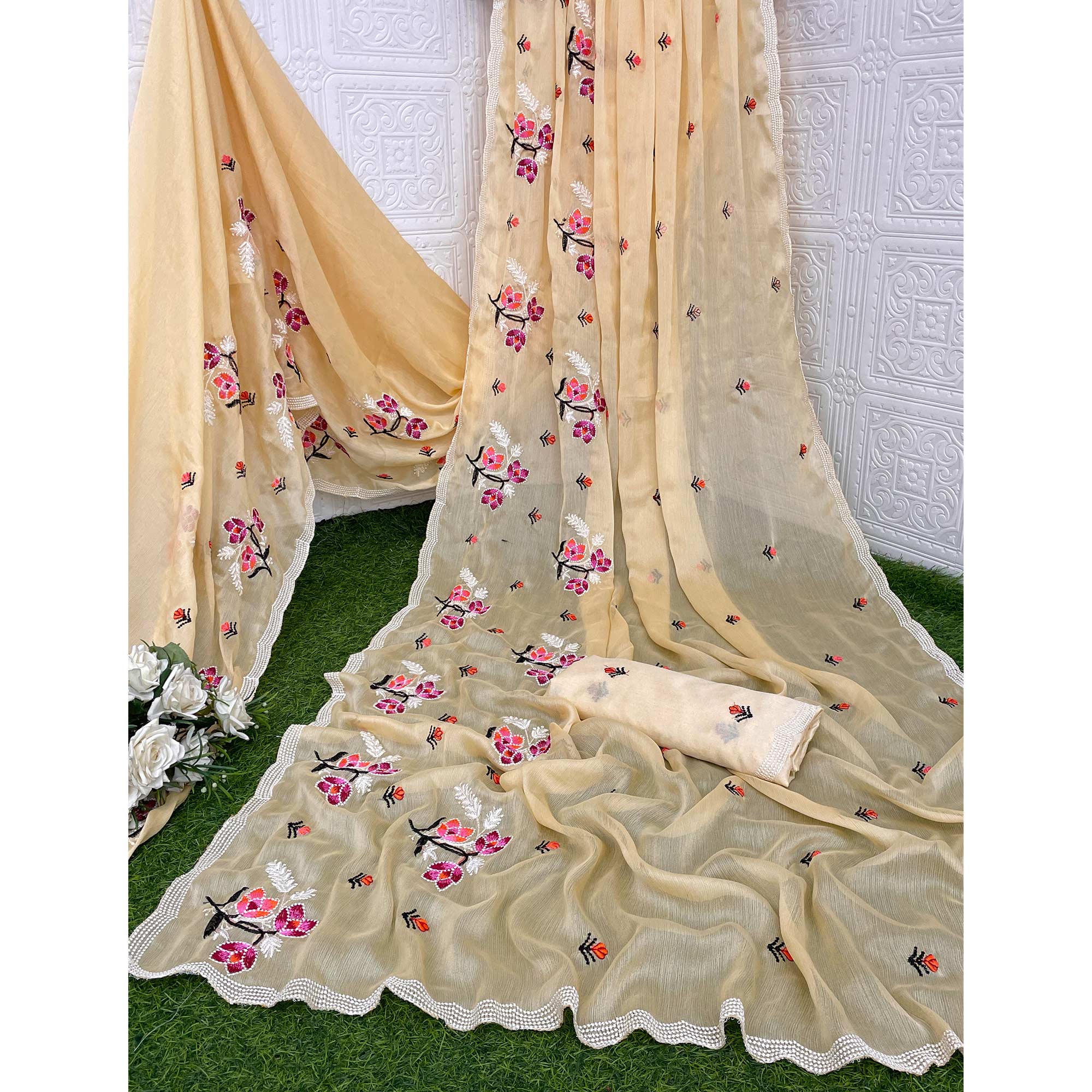 Beige Floral Embroidered Chiffon Saree