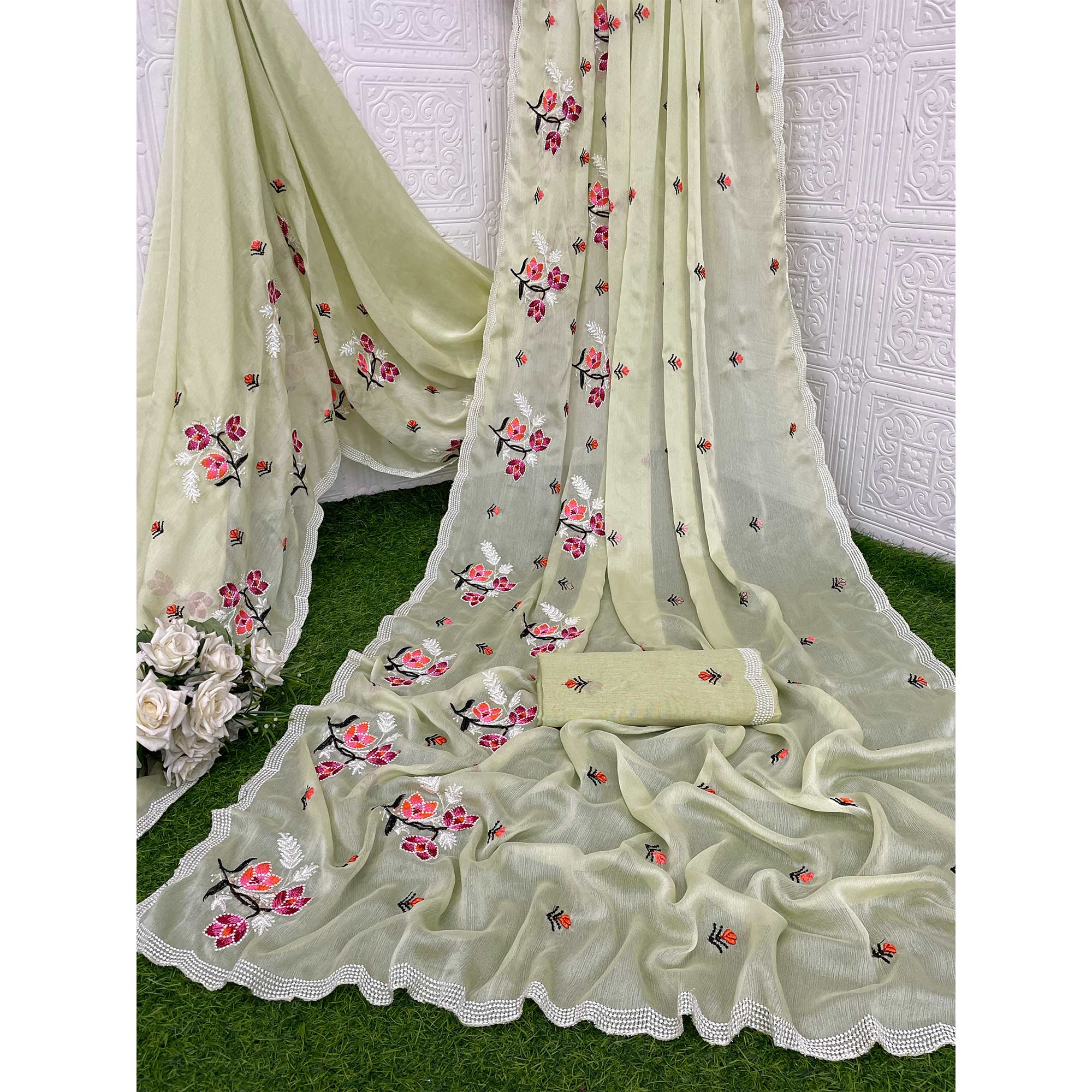 Light Green Floral Embroidered Chiffon Saree