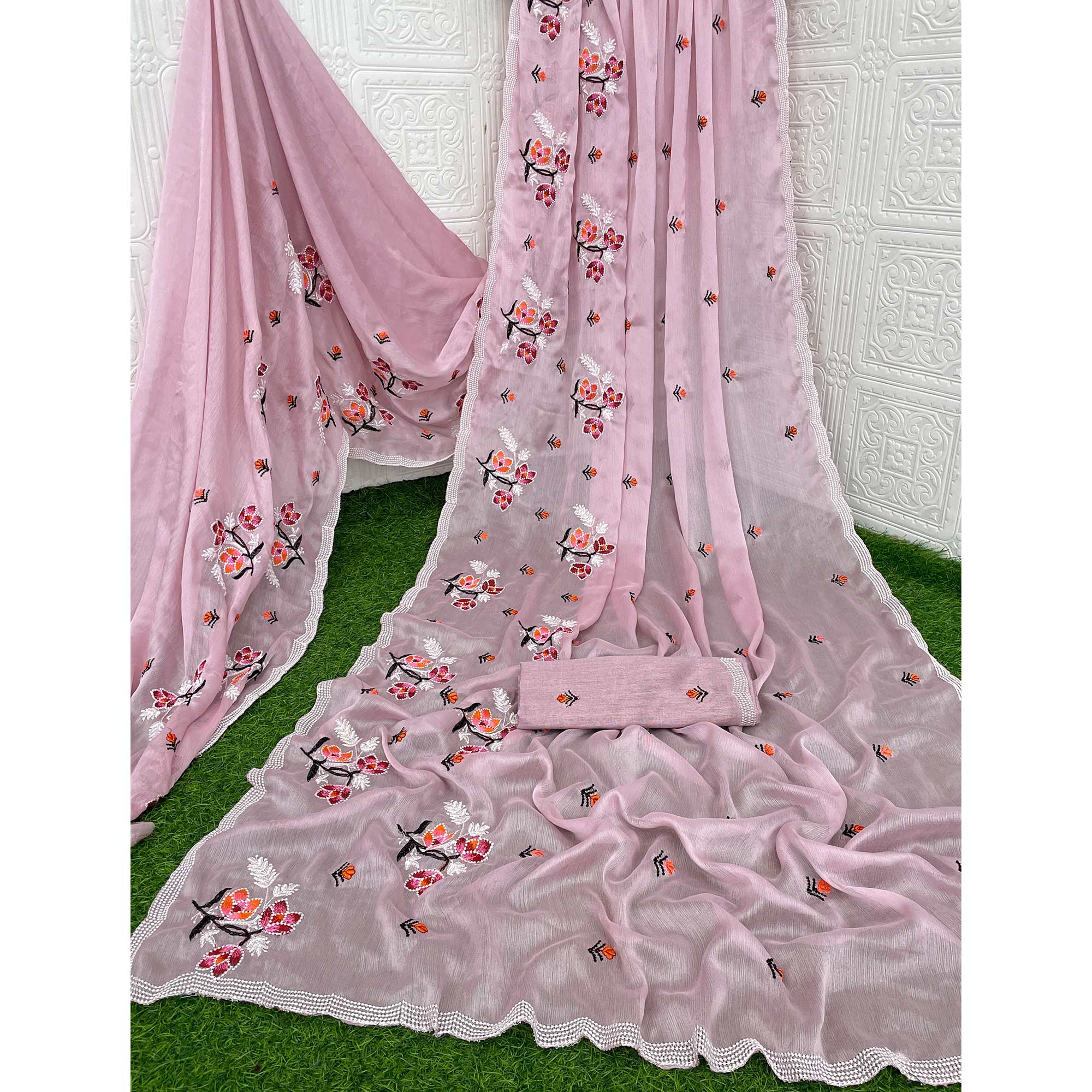 Pink Floral Embroidered Chiffon Saree