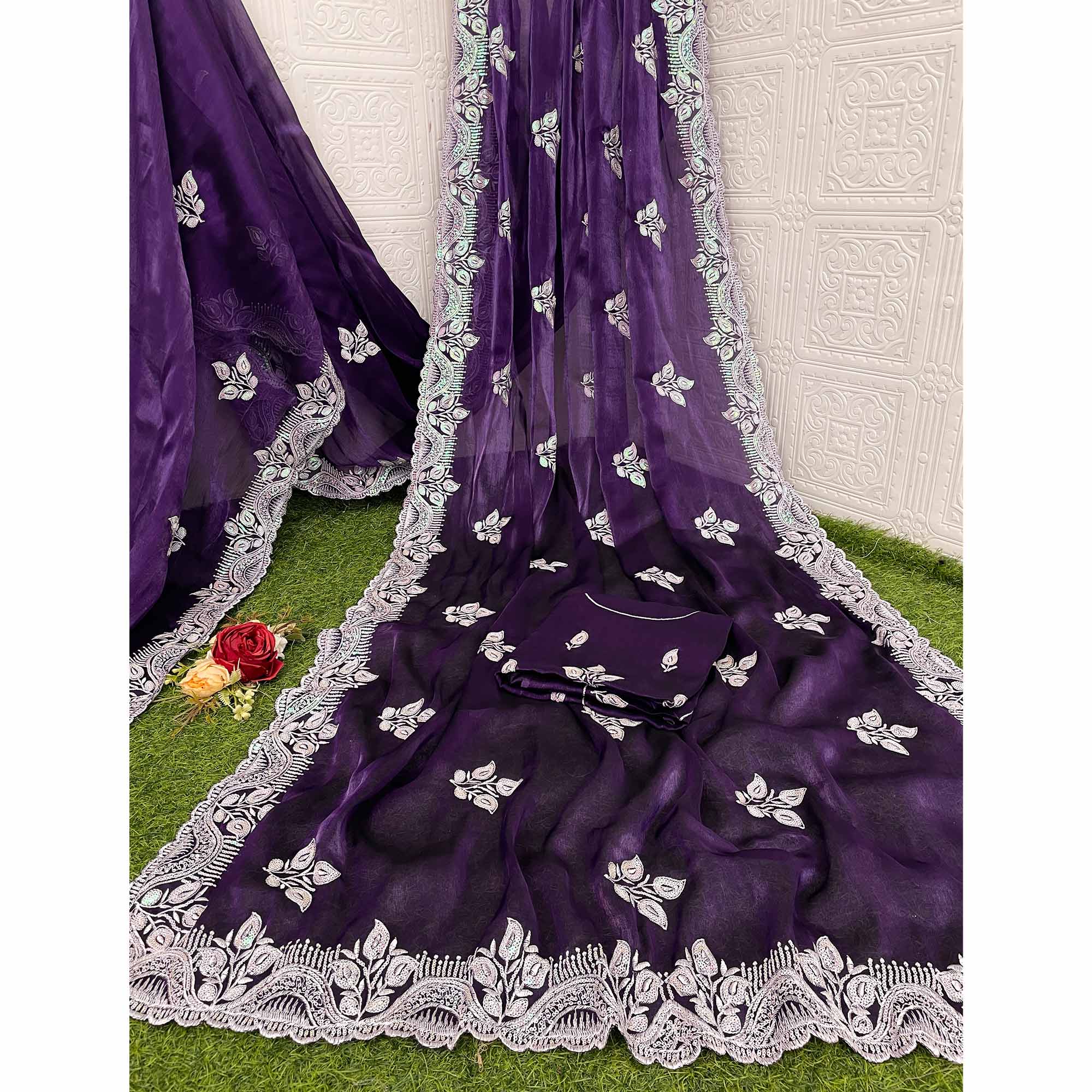 Purple Sequins Embroidered Chiffon Saree