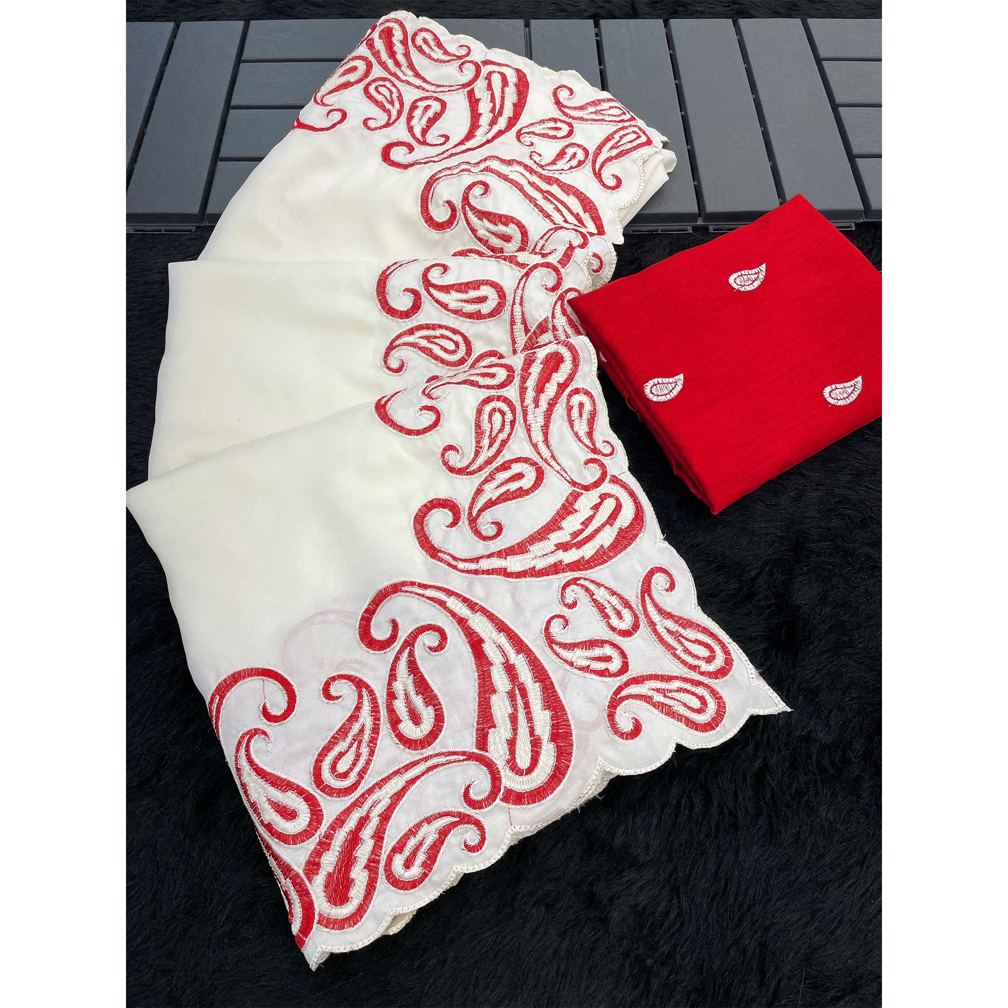 Off White Embroidered Vichitra Silk Saree