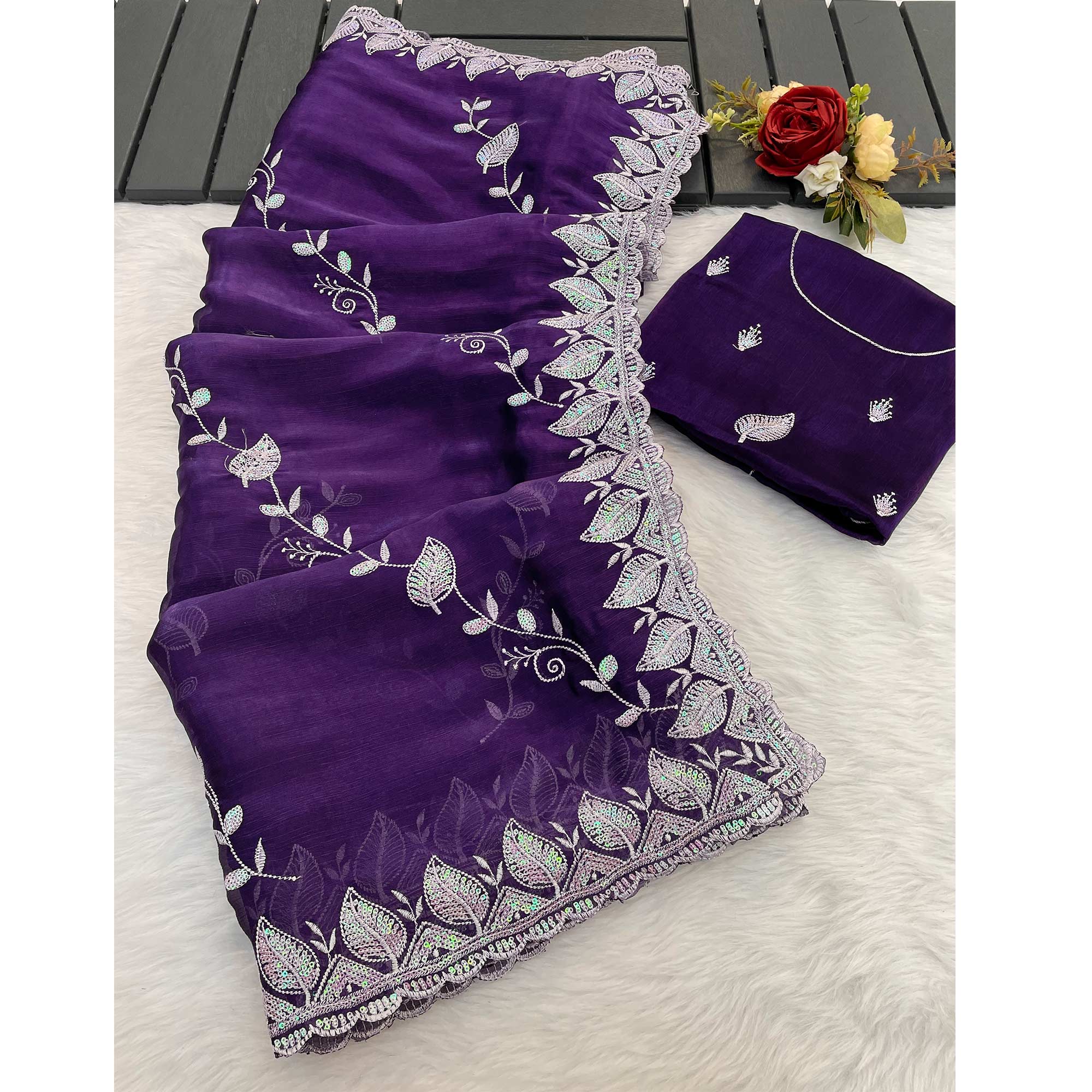 Purple Sequins Embroidered Chiffon Saree
