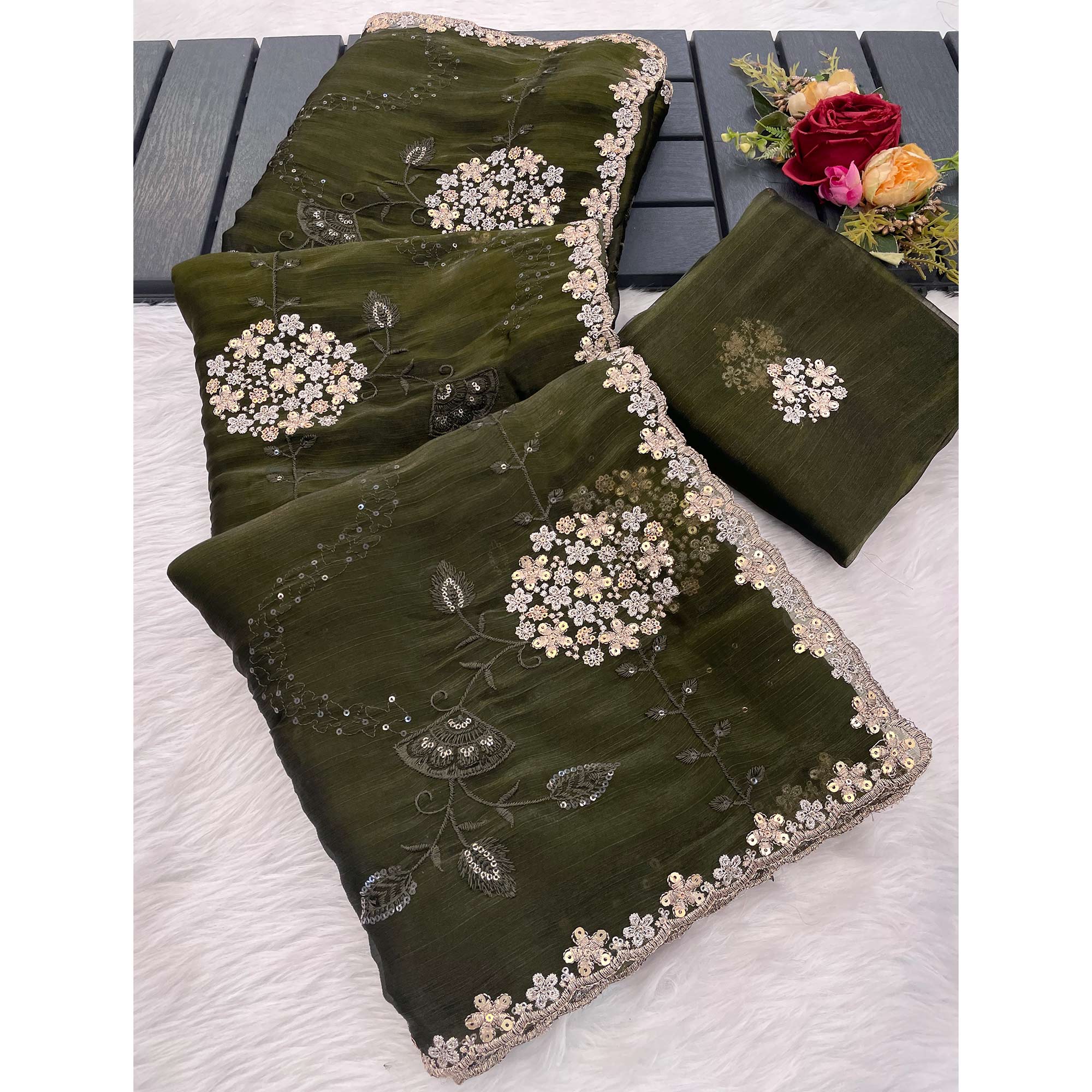 Green Sequins Embroidered Chiffon Saree